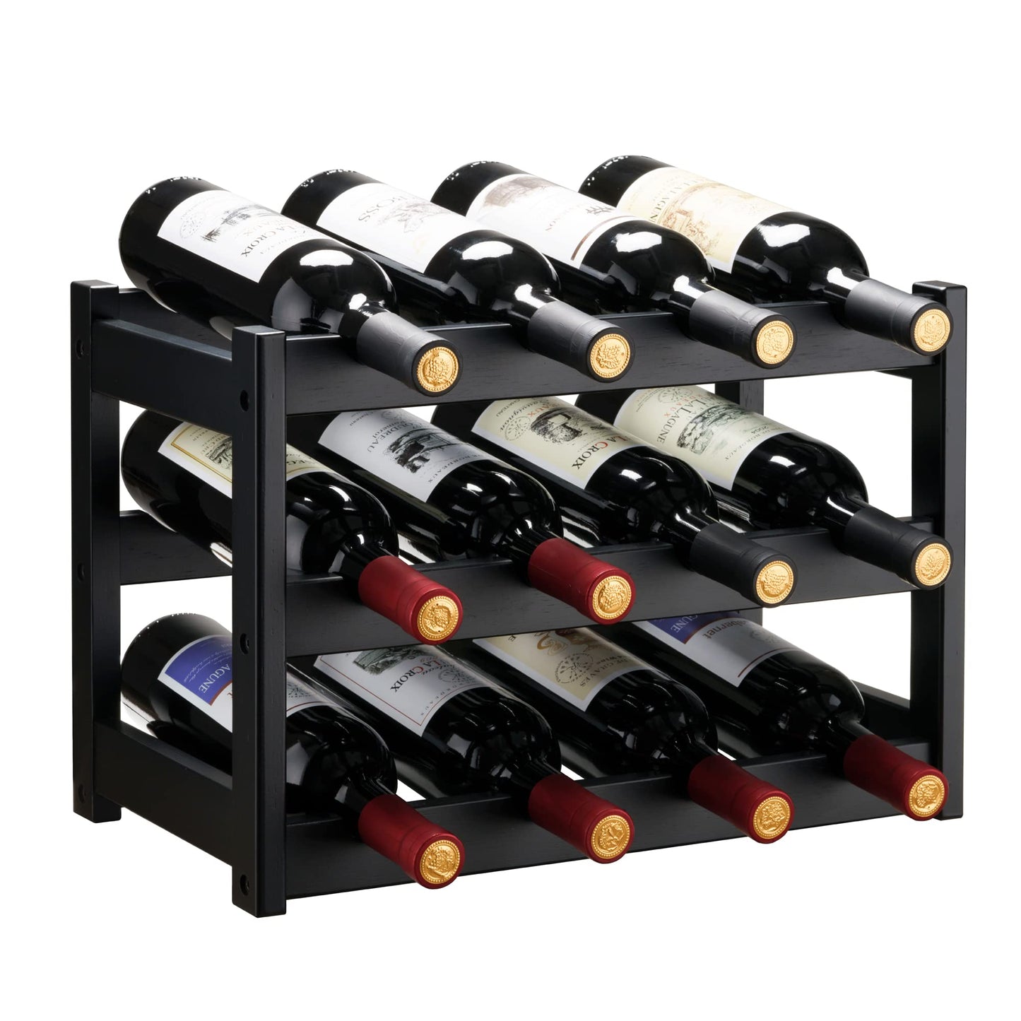 VASMIA Bamboo Wine Rack, Sturdy and Durable Wine Storage Cabinet Shelf, Wine Racks Countertop for Pantry,Kitchen,3-Tier 12 Bottles Wine Rack,Black