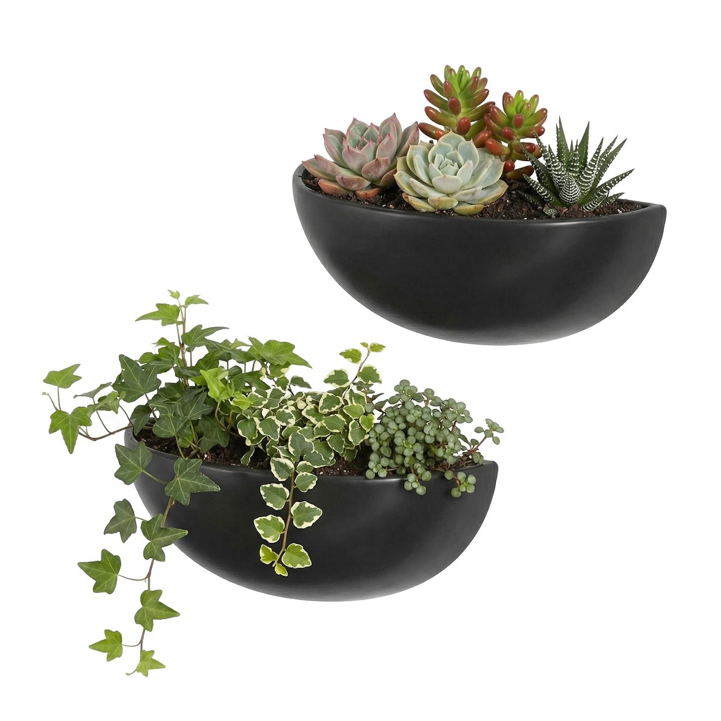 MyGift 12 Inch Matte Black Ceramic Half-Moon Wall Mounted Planter, Set of 2
