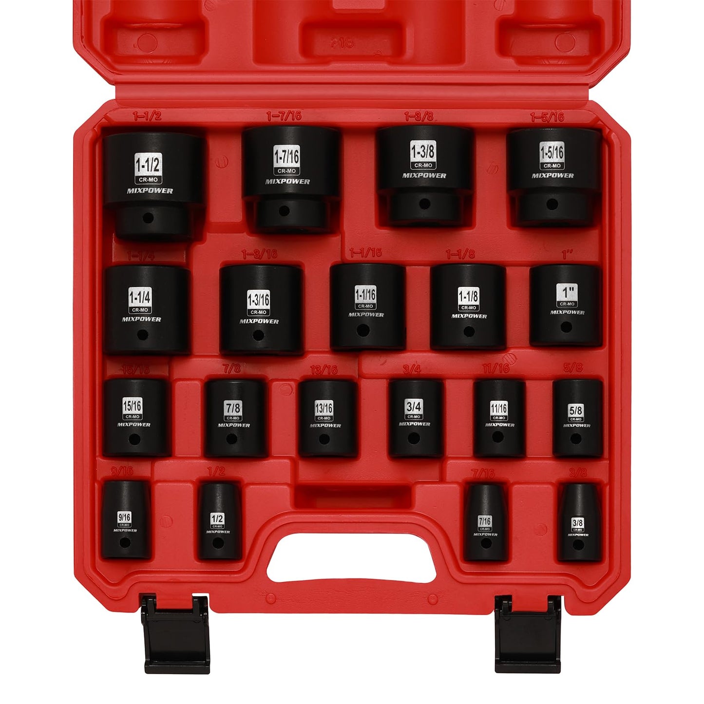 MIXPOWE 19 Piece 1/2-Inch Drive Standard Impact Socket Set, SAE, Shallow, 3/8" to 1-1/2", Cr-Mo Alloy Steel, Radius Corner Design, Impact Grade