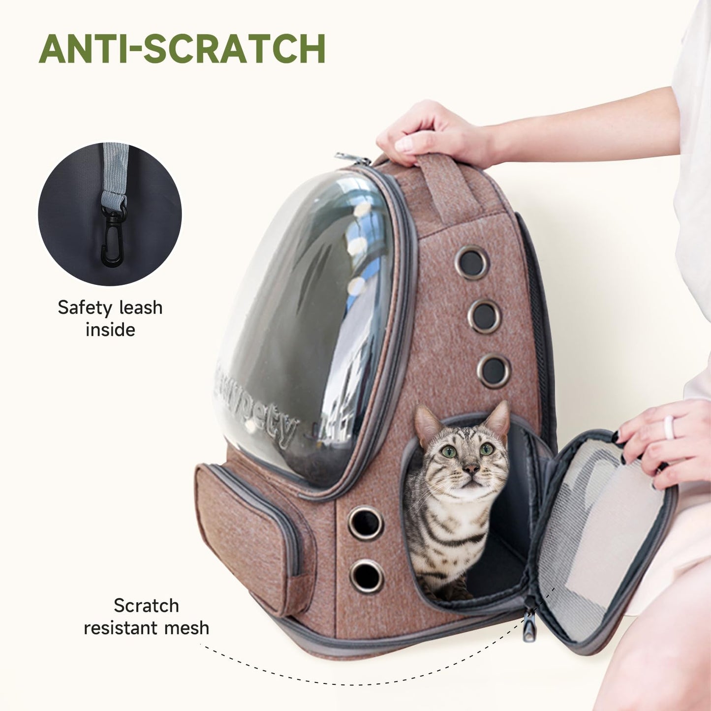 Cawypety Cat Carrier, Cat Backpack Carrier, Large Bubble Backpack for Under 15 lbs, Dog and Small Pet, Breathable Cat Bag Carrier Used in Travel, Car, Pet Carrier (Khaki)