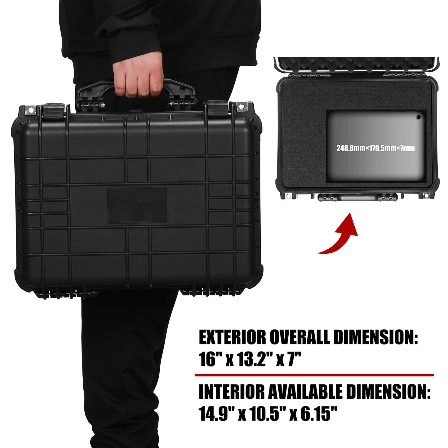 Mayouko 16" Waterproof Plastic Toolbox with Foam Insert, 16" x 13.2" x 7", IP67 Lockable Storage Box, Customizable Foam, Shockproof Hard Case Weatherproof Container, Protective Hard Camera Case