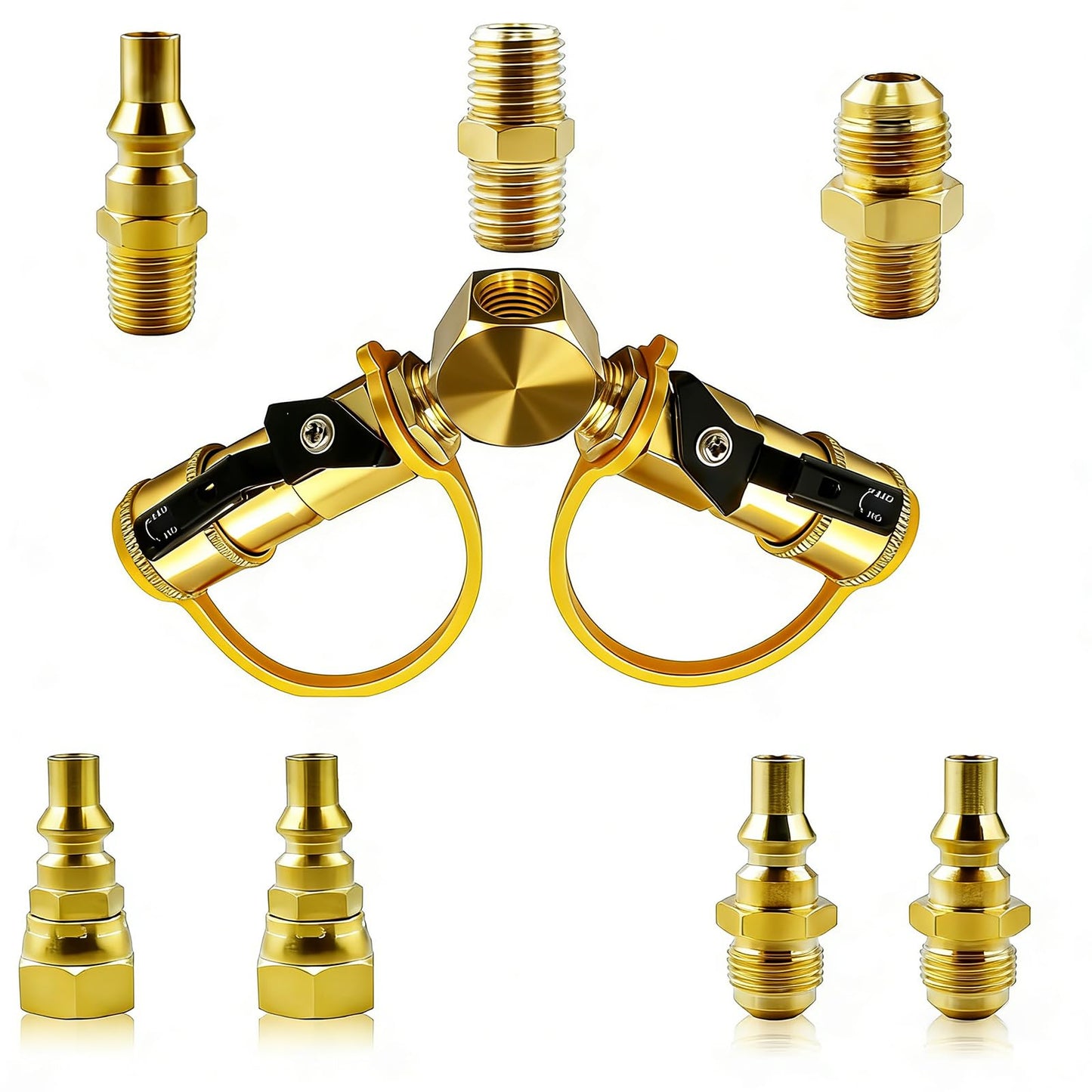 MCAMPAS 1/4" Propane Y Splitter Adapter Kit - 2-Way RV to Grill Quick Connect/Disconnect LP Gas Hose Fitting for Campers, Trailers & Outdoor Cooking Appliances