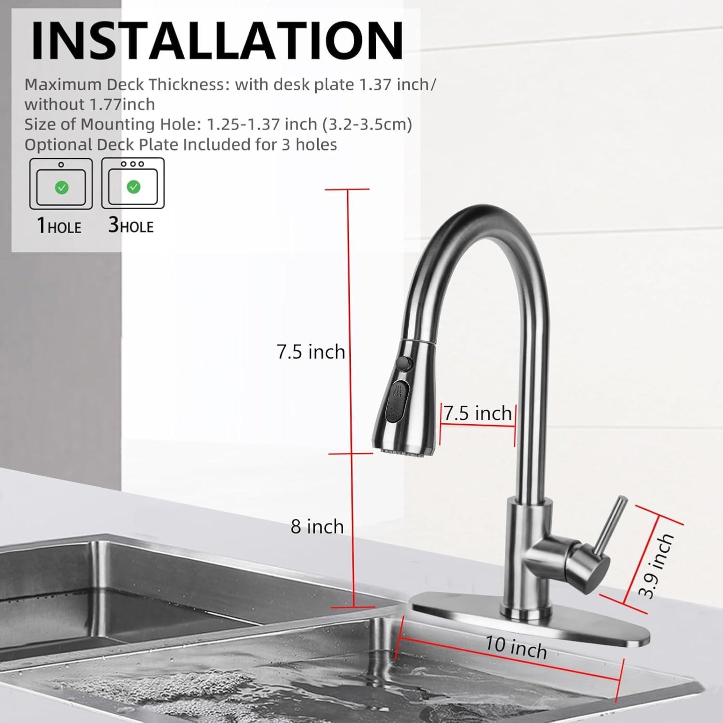 YUUTY Kitchen Sink Faucet with Pull Down Sprayer, Single Handle High Arc Brushed Nickel Tap, 360° Swivel for Farmhouse, Utility, Bar, RV, Laundry Sink, Easy Installation
