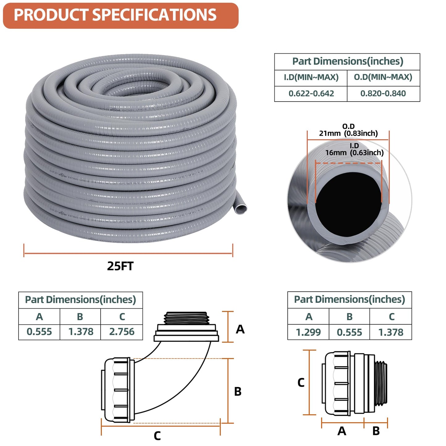 Neorexon Liquid-Tight Conduit and Connector Kit 1/2inch 25ft, Flexible Non Metallic Liquid Tight Electrical Conduit w/UL Certification, Electrical Conduit Kit with 5 Straight, 5 Angle Fittings