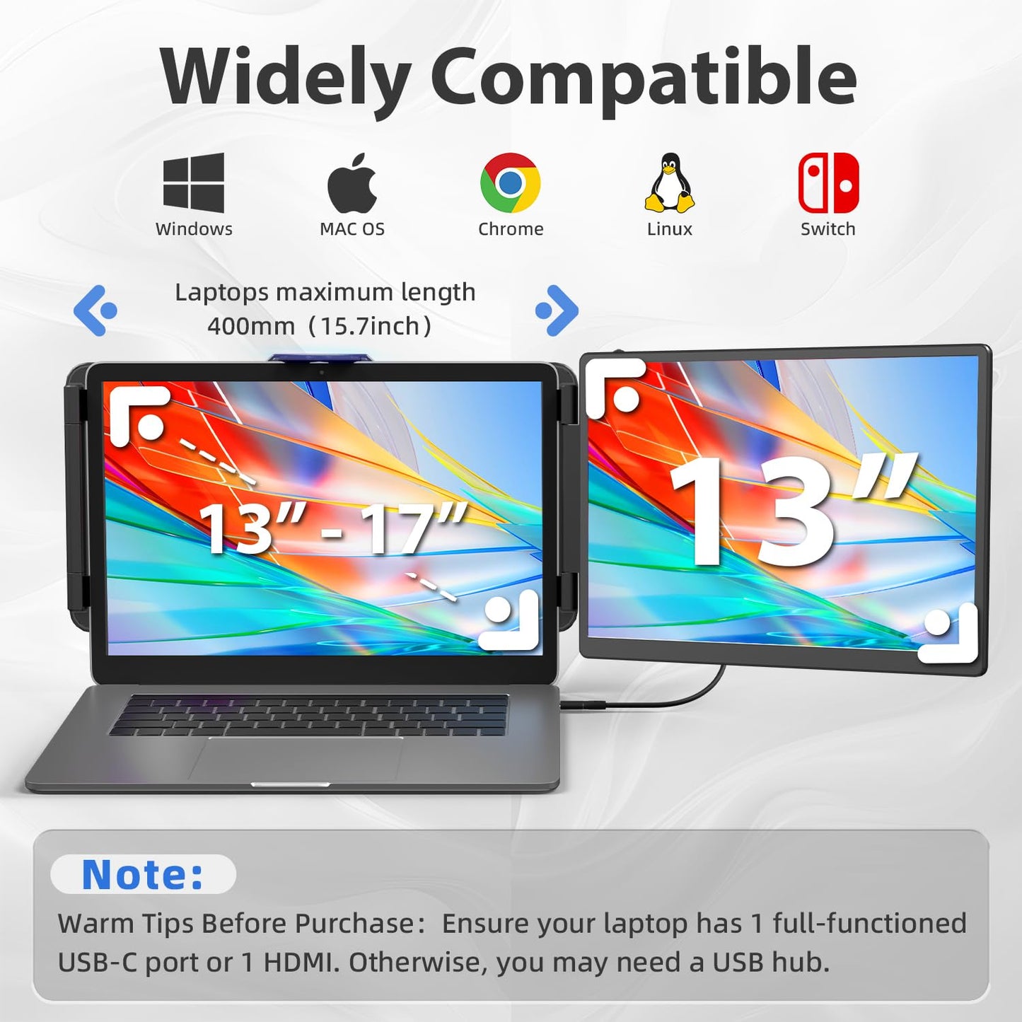 2K Laptop Monitor Extender - 13" IPS 1440P Dual Monitor Attachment Plug & Play Multiple Screens for 13"-17" Laptop Compatible with Wins Mac Dex Chrome Travel Gaming Work