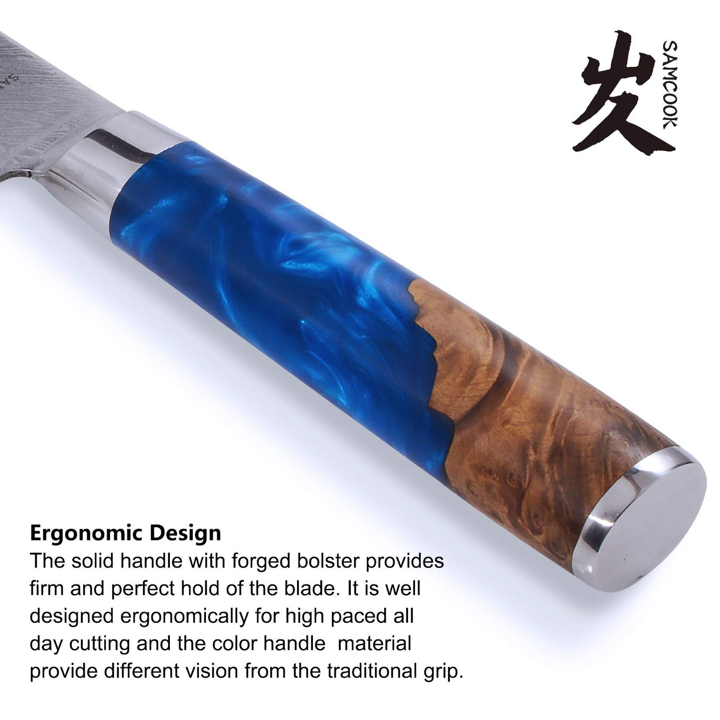 SAMCOOK Damascus Chef Knife - 8 Inch Professional Sharp Gyuto Knife - Japanese VG-10 High Carbon Stainless Steel Kitchen Cooking Knife - Ergonomic Blue Resin Wood Handle with Gift Box