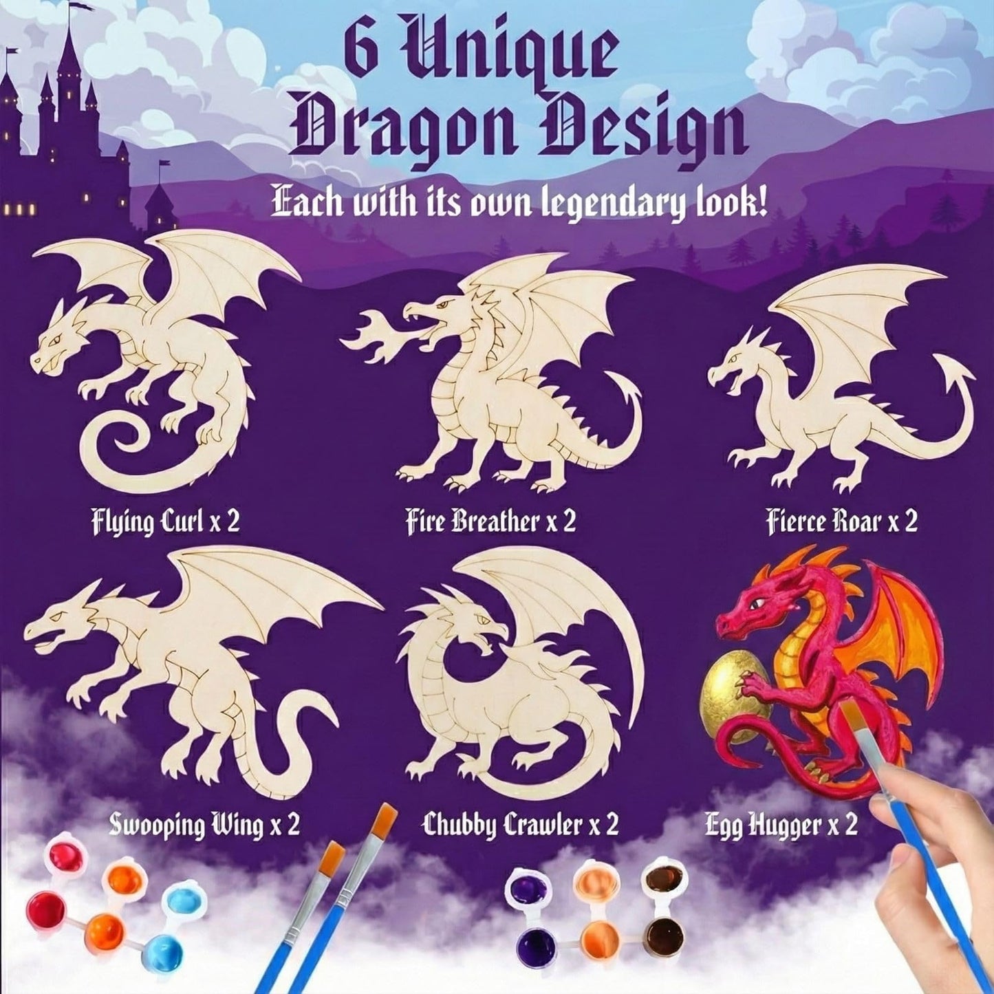 Dragon Party Favors for Kids - 12PCS Paint Your Own Wooden Magnet Kits with Thank You Cards, Individually Wrapped Dragon Birthday Decorations & Party Supplies for Boys & Girls