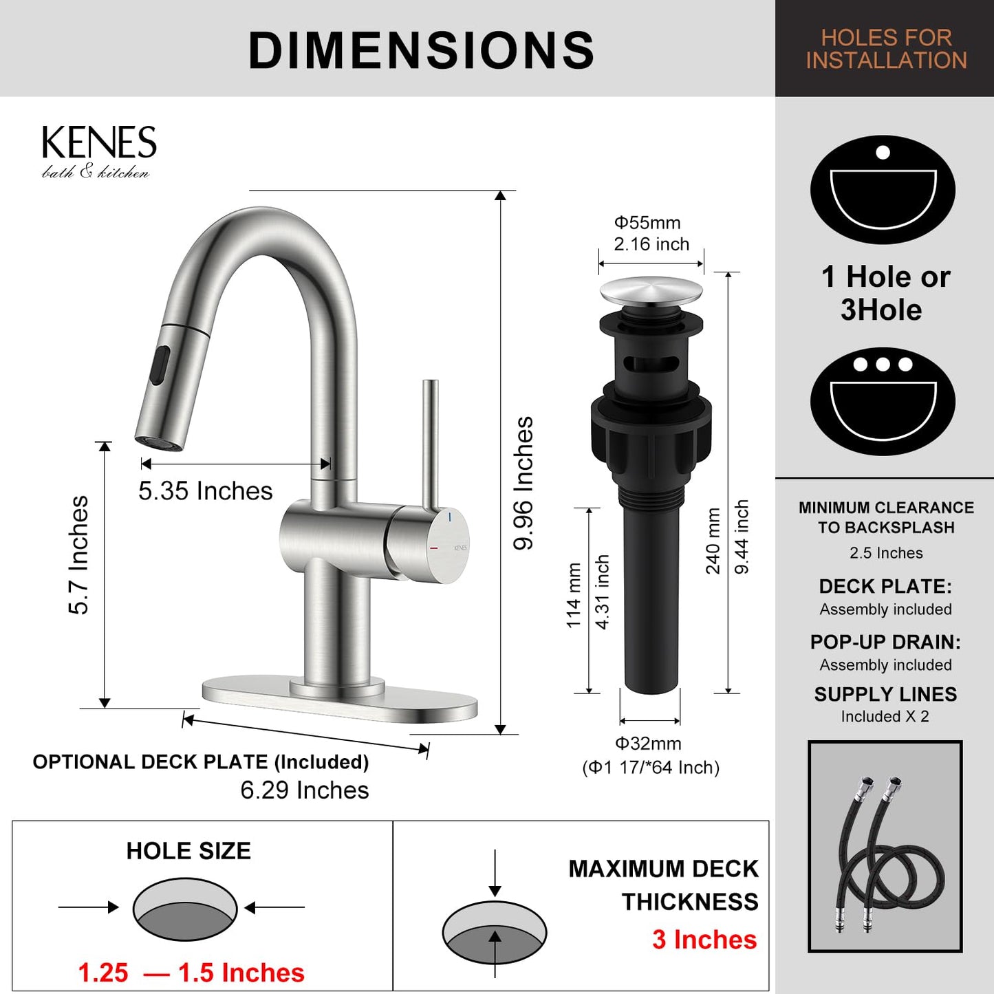 KENES Brushed Nickel Bathroom Faucet with Pull Down Sprayer, Single Handle Bathroom Sink Faucet with Pull Out Sprayer, Vanity Faucet with Pop Up Drain & Deck Plate, KE-9065B