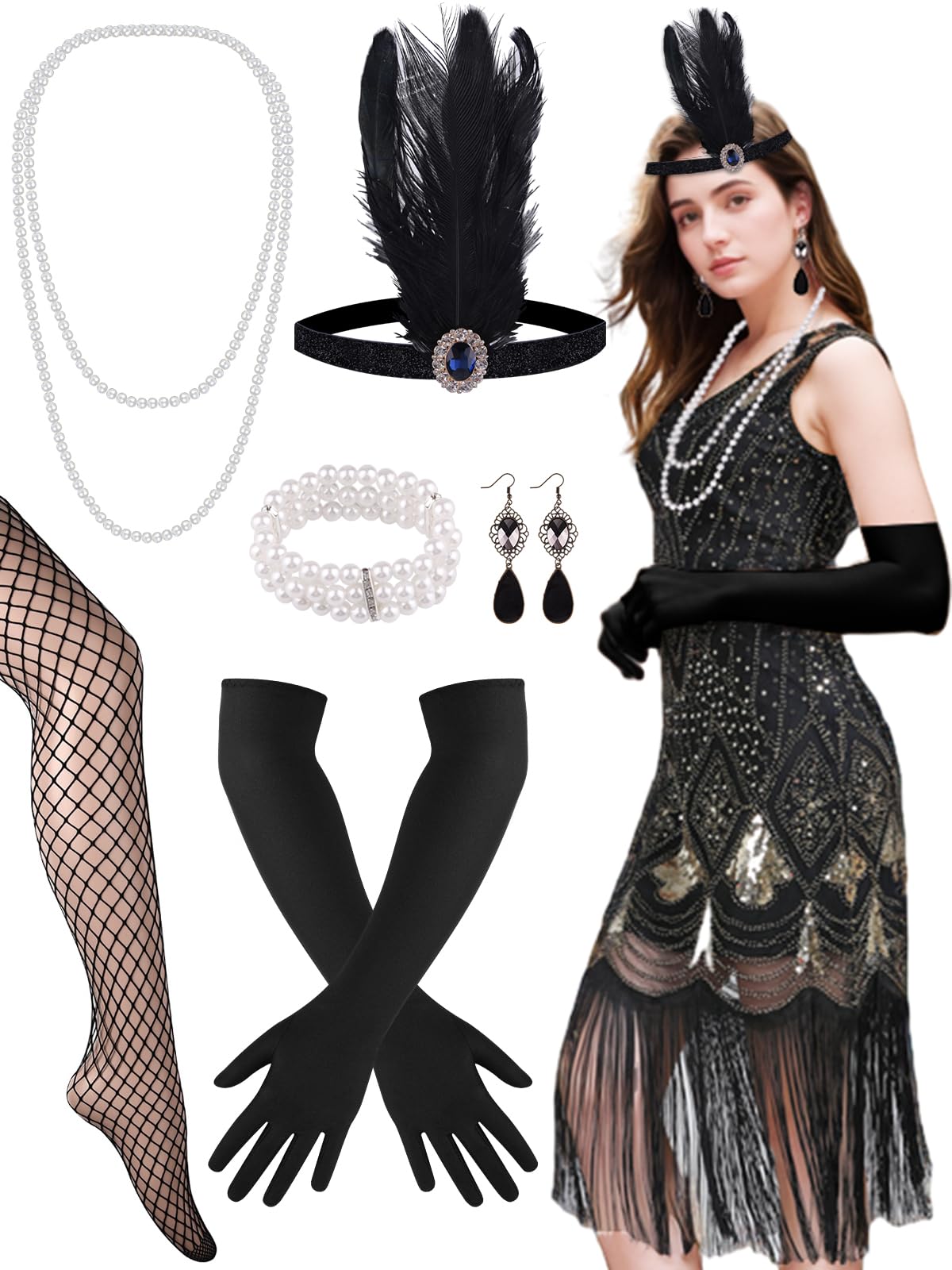 PLULON 1920s Dresses for Women, Sequin Fringed Gatsby Flapper Cocktail Dresses with 20s Accessories Set, Roaring 20s Costumes
