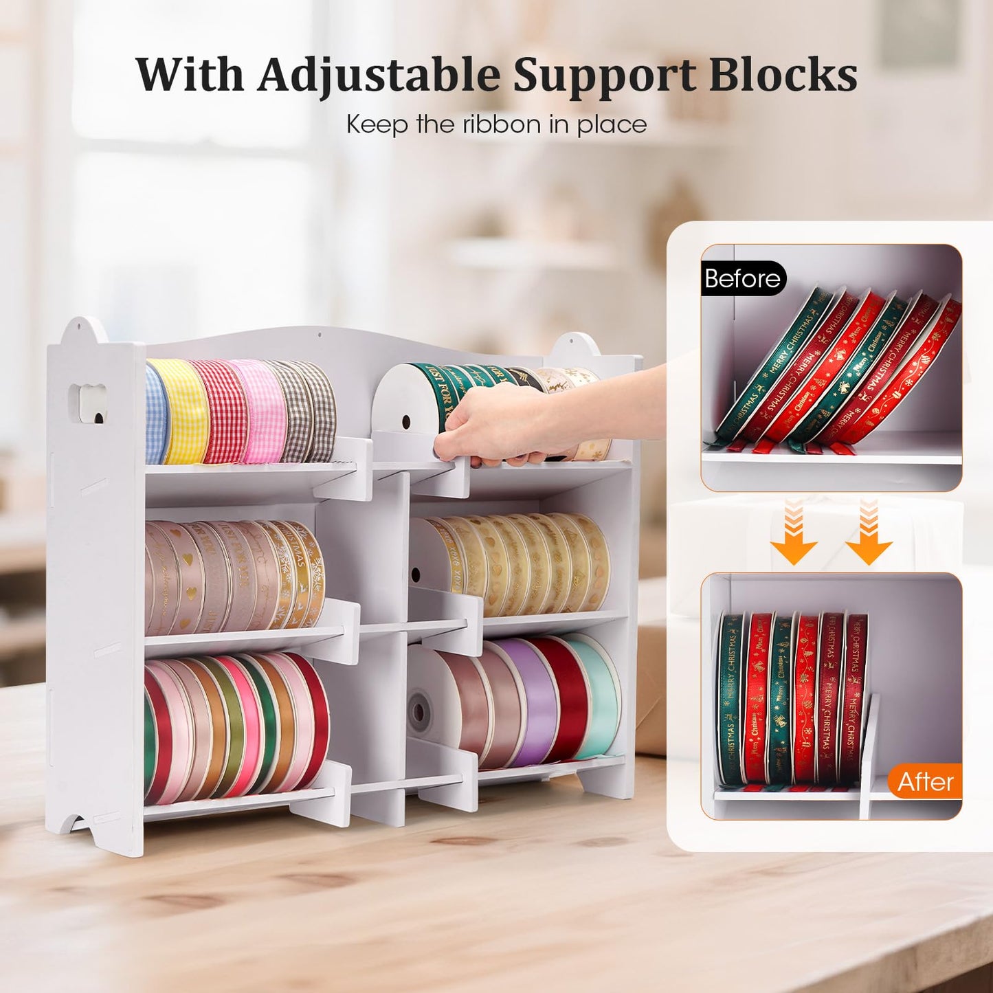 Krafetto Stackable Small Roll Ribbon Storage Organizer Rack, Wall-Mountable Ribbon Holder Rack for Craft Room, Desktop Ribbon Spool Holder for Ribbons up to 4" in Diameter