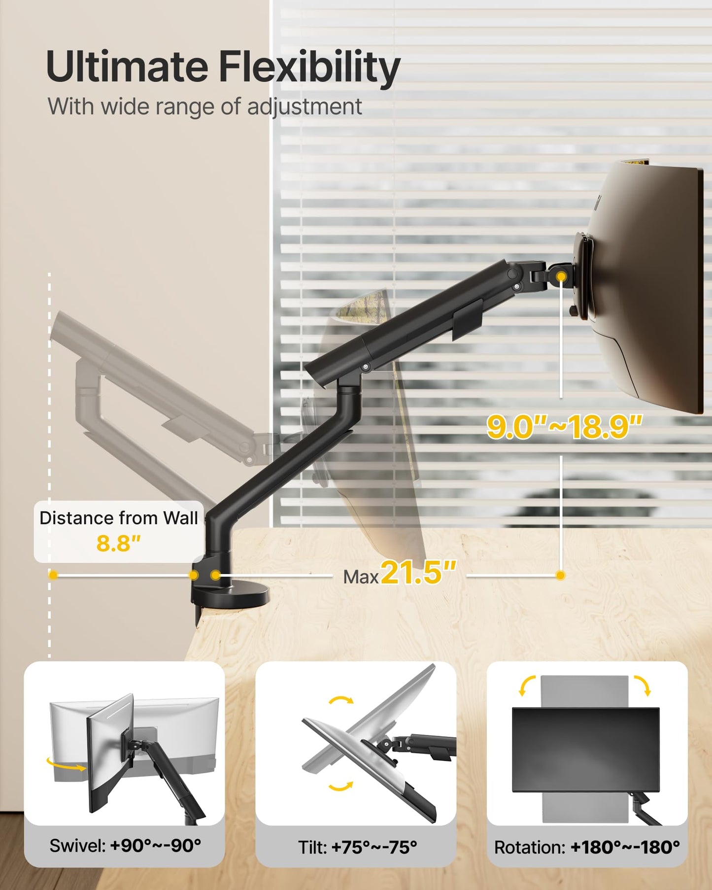 monTEK Single Monitor Arm for 17-40 Inch Screens, Heavy Duty Full Motion Monitor Mount Up to 26.4bs, Aluminum Monitor Stand with VESA 75/100mm, C-Clamp/Grommet Base for Curved Screens, MA1010BK