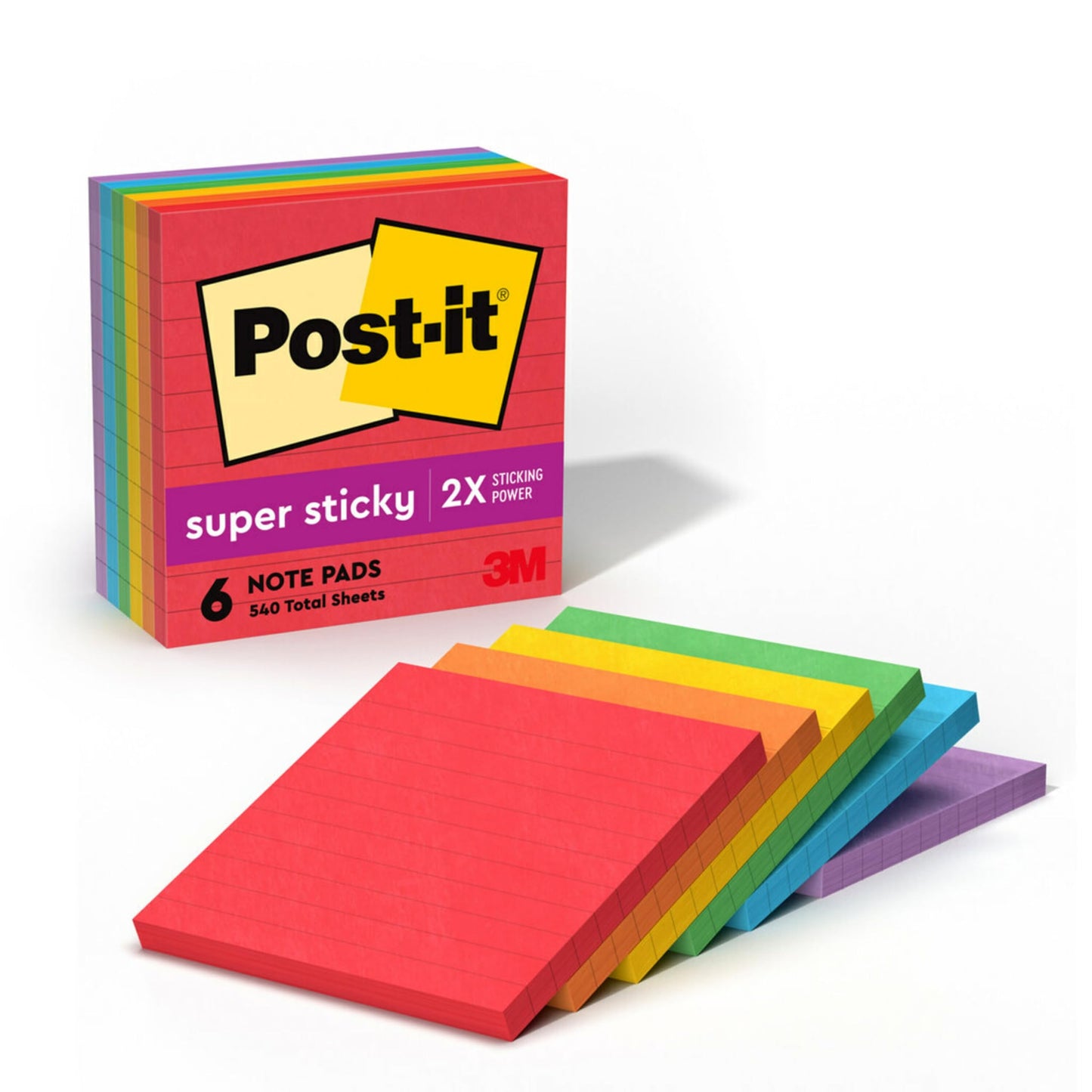 Post-it Super Sticky Notes, 4 x 4-Inches, Assorted Neon Colors, Lined, 6-Pads/Pack