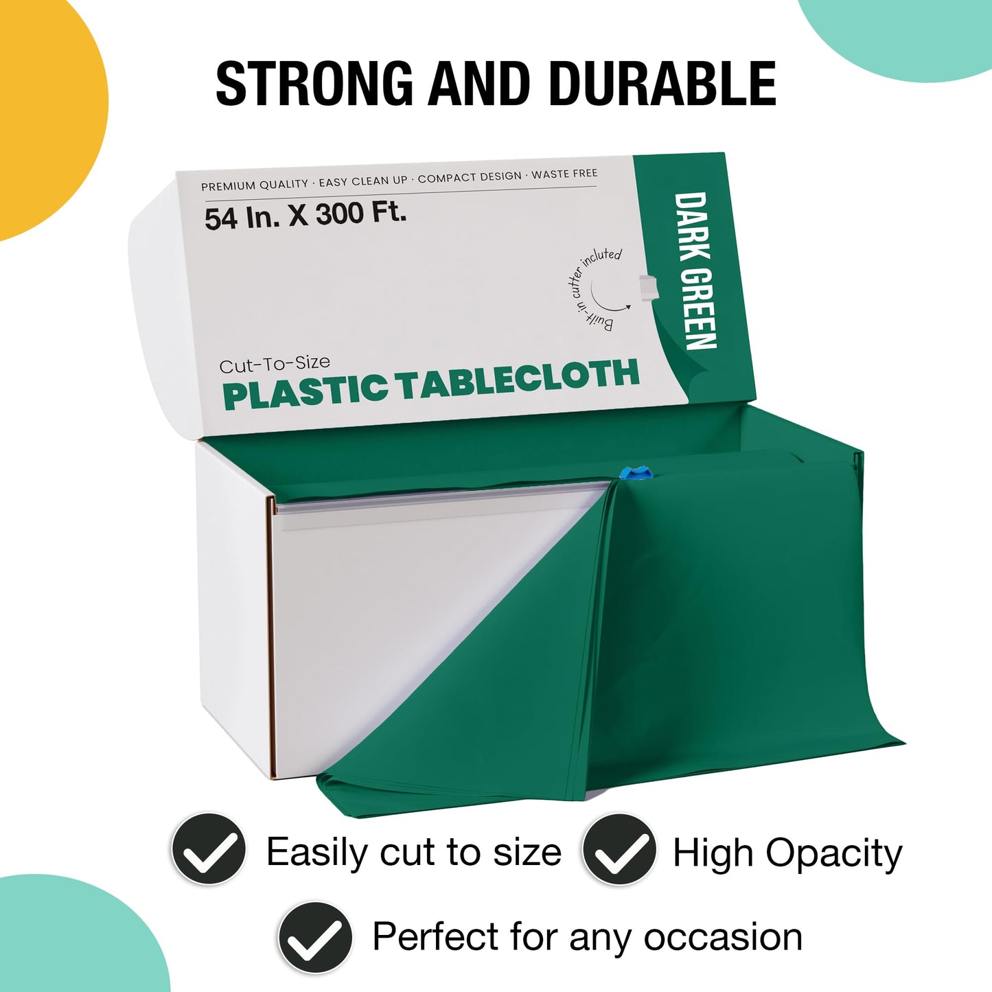 54 Inch X 300 Feet Dark Green Plastic Table Cover Roll in A Cut - to - Size Box with Convenient Slide Cutter. Cuts Up to 12 Rectangle 8 Feet Plastic Disposable Tablecloths - Exquisite
