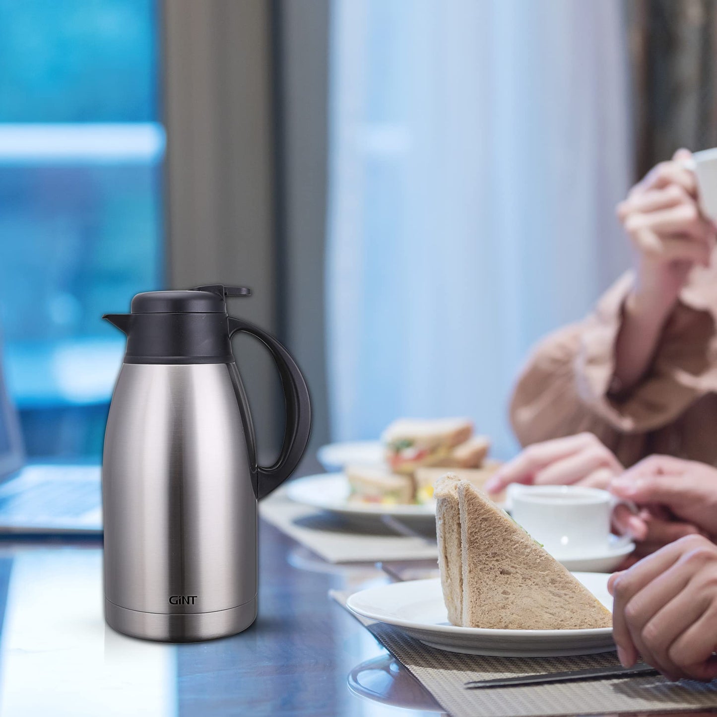 GiNT 1.9 L / 65 Oz Thermal Coffee Carafe, Insulated Stainless Steel Double Walled Vacuum Water and Beverage Dispenser, 12 Hour Heat Retention, Silver