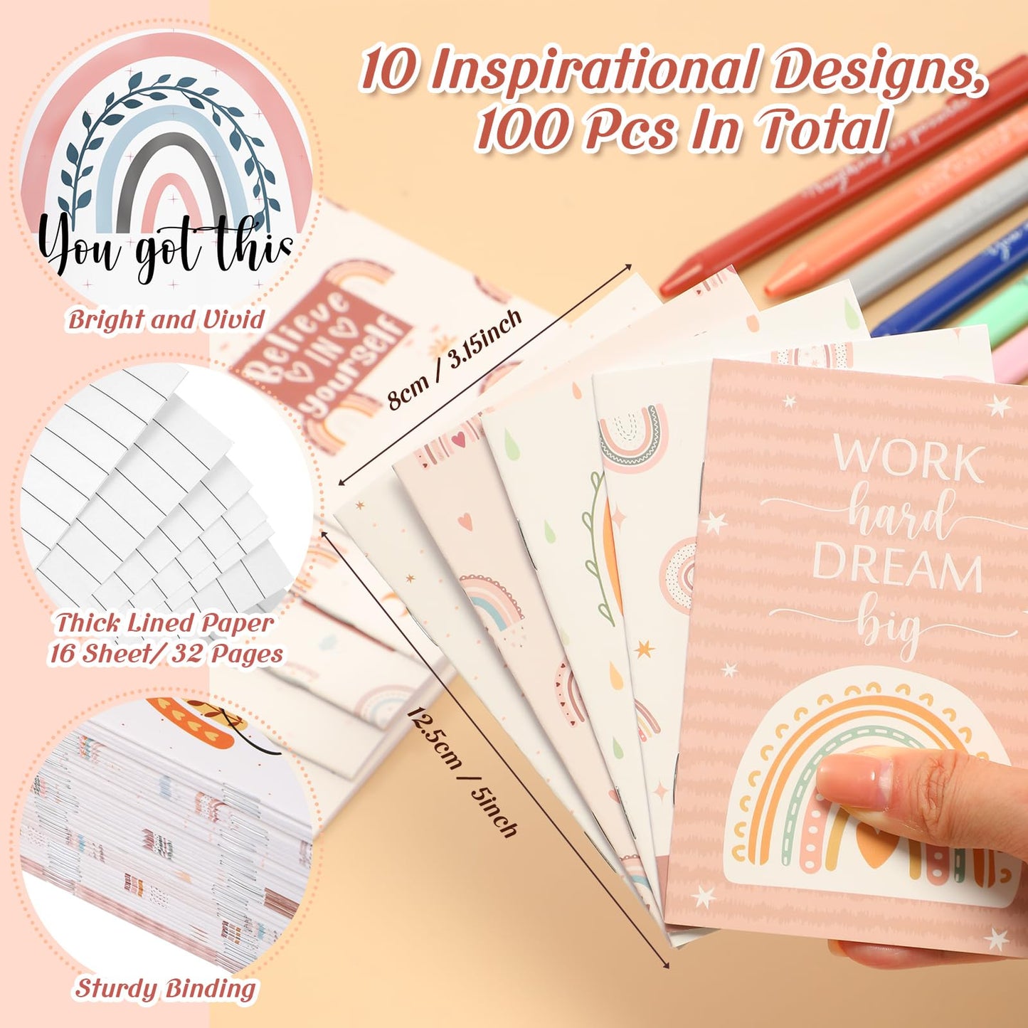 Colarr 200 Pcs/100 Sets Inspirational Notebooks with Pen Bulk Motivational Mini Notepads Employee Appreciation Gifts for Teacher Team Coworker Nurse Staff Coworkers Office Supplies