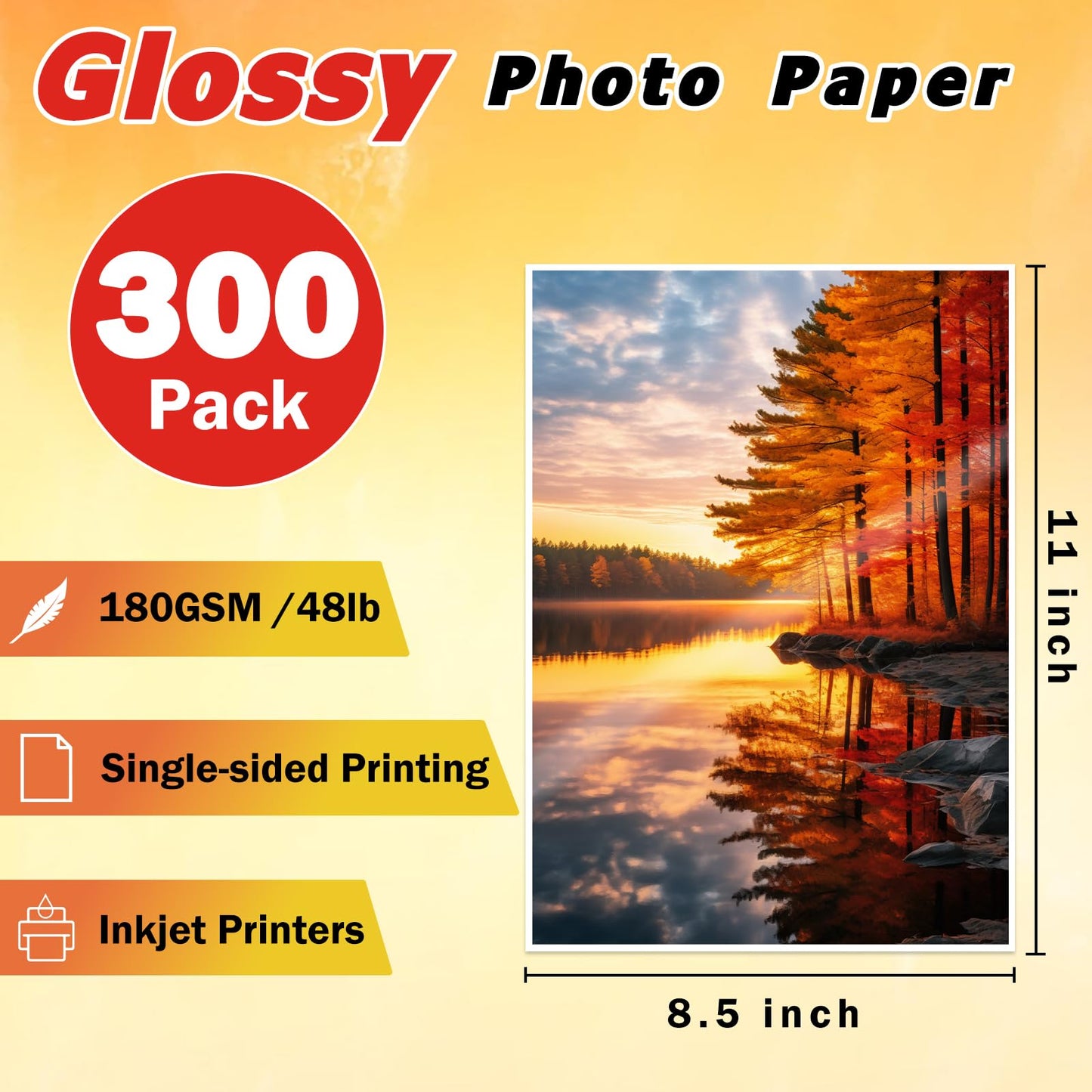 CAREGY 300 Sheets Single Sided Glossy Photo Paper for Inkjet， 8.5x11 Inches，180GSM Printer Picture for Inkjet Printer with Dye Ink