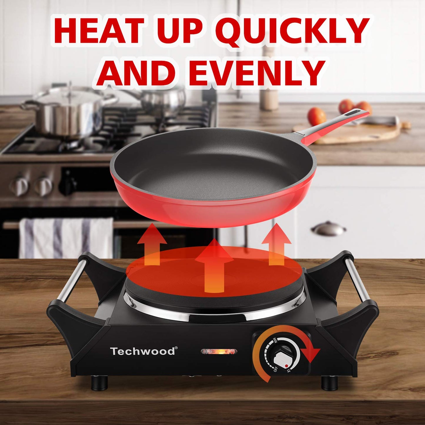 Techwood Hot Plate Electric Single Burner Portable Burner, 1500W with Adjustable Temperature, Stay Cool Handles, Non-Slip Rubber Feet, Black Stainless Steel Easy to Clean, Upgraded Version