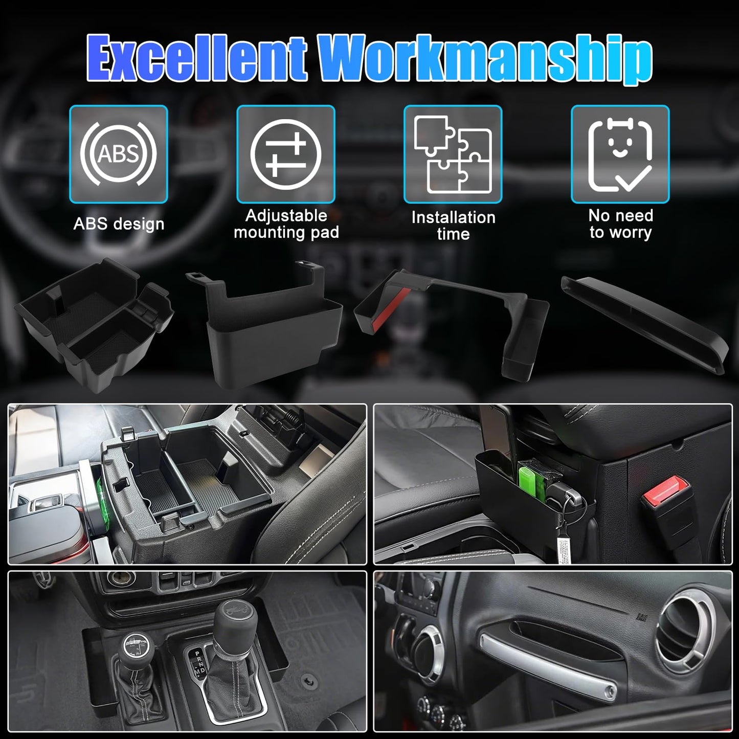 WODHMIEY Center Console Organizer, Gear Shifter Side Storage Box, for JL JLU JU, for JT 2018 to 2023 and Gladiator JT 2020 2021 2022 2023, Armrest Storage Box Accessories