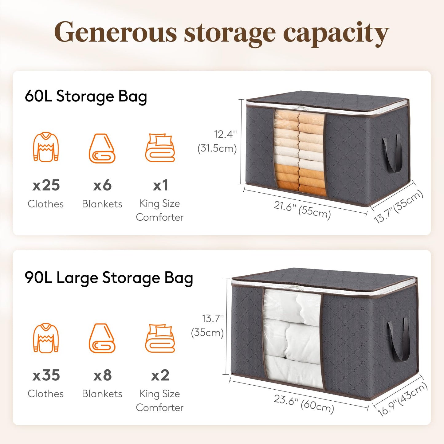 Lifewit 90L Large Capacity Clothes Storage Bags Organizer with Reinforced Handle, Foldable Clothing Storage for Comforters, Blankets, Bedding, with Sturdy Zipper, Clear Window, 6 Pack, Grey