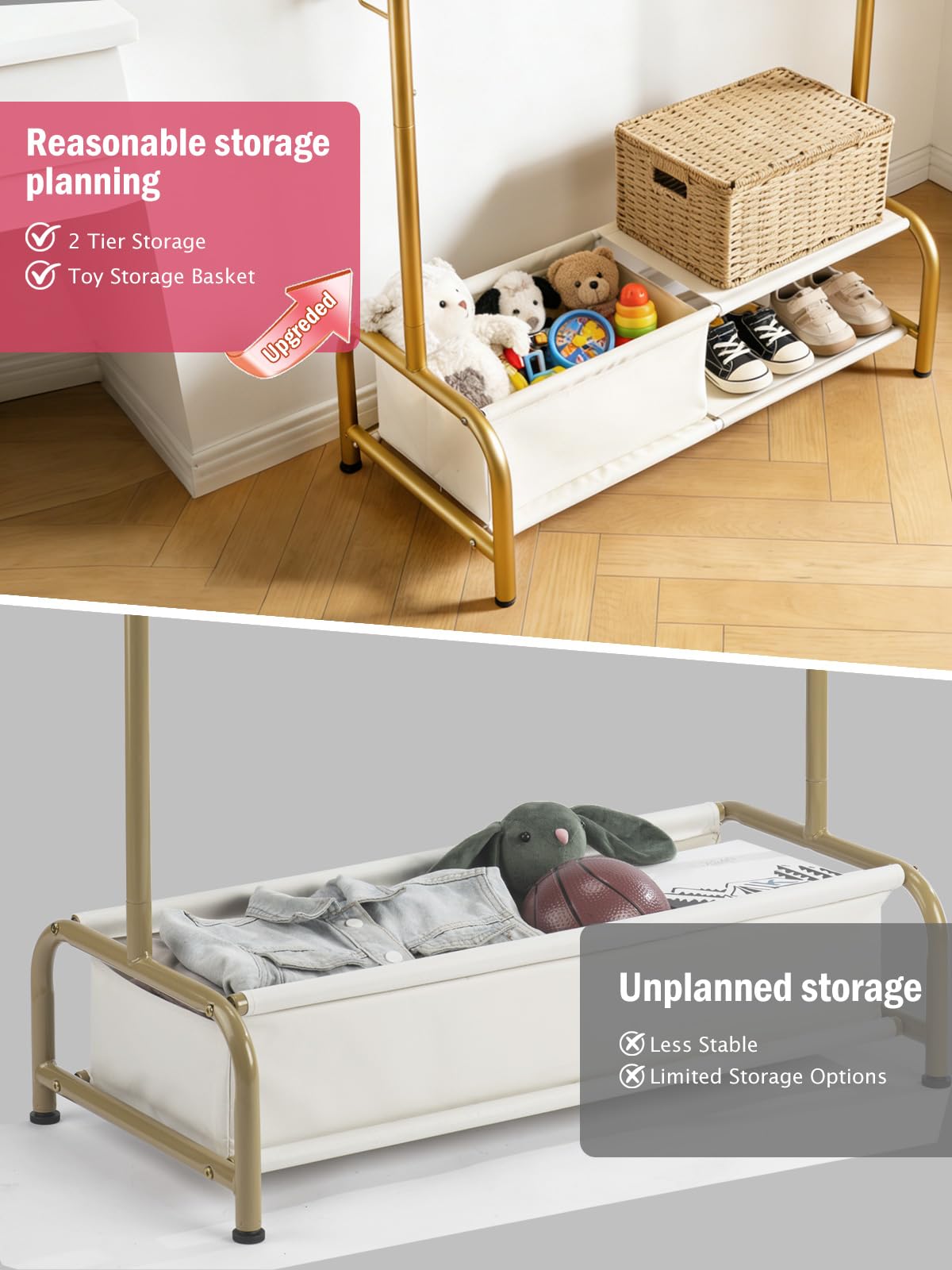 Kids Clothing Rack with Storage Shelf - Portable Kids Dress Up Rack for Baby Clothes, Costumes - Heavy Duty Toddler Garment Organizer, Closet for Kids Room, Girl Gift Idea -Gold