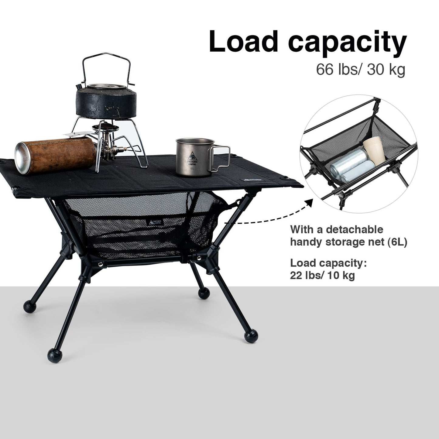 ONETIGRIS Dipper Camping Table, Lightweight Portable Folding Table with Mesh Storage Net, High/Low Options, Ideal for Camping, Hiking, Tailgating, Beach, Picnic, Travel, Backyard