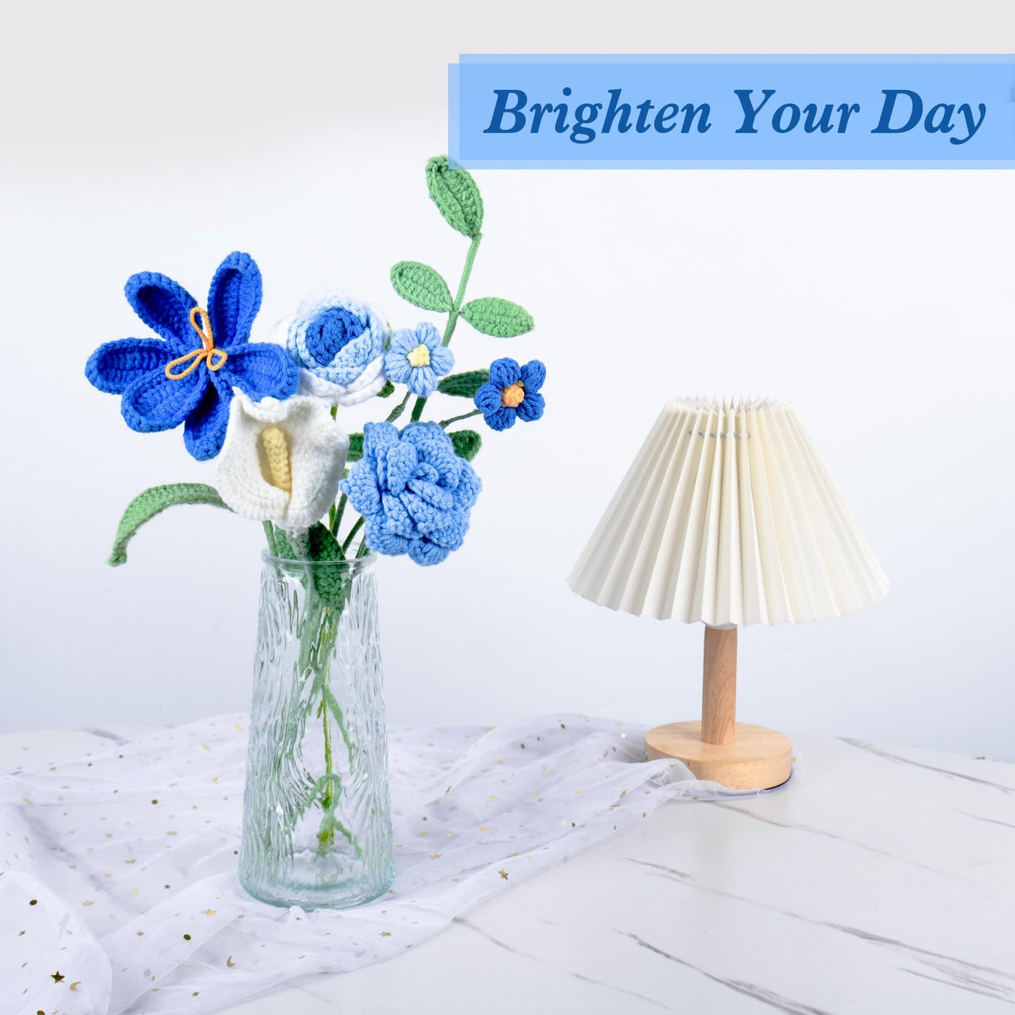 MengxFly Crochet Flower Bouquet Blue, Graduation Flowers Bouquet, Handmade Knitted Floral Gift for Her, with Gift Box, Bag and Card