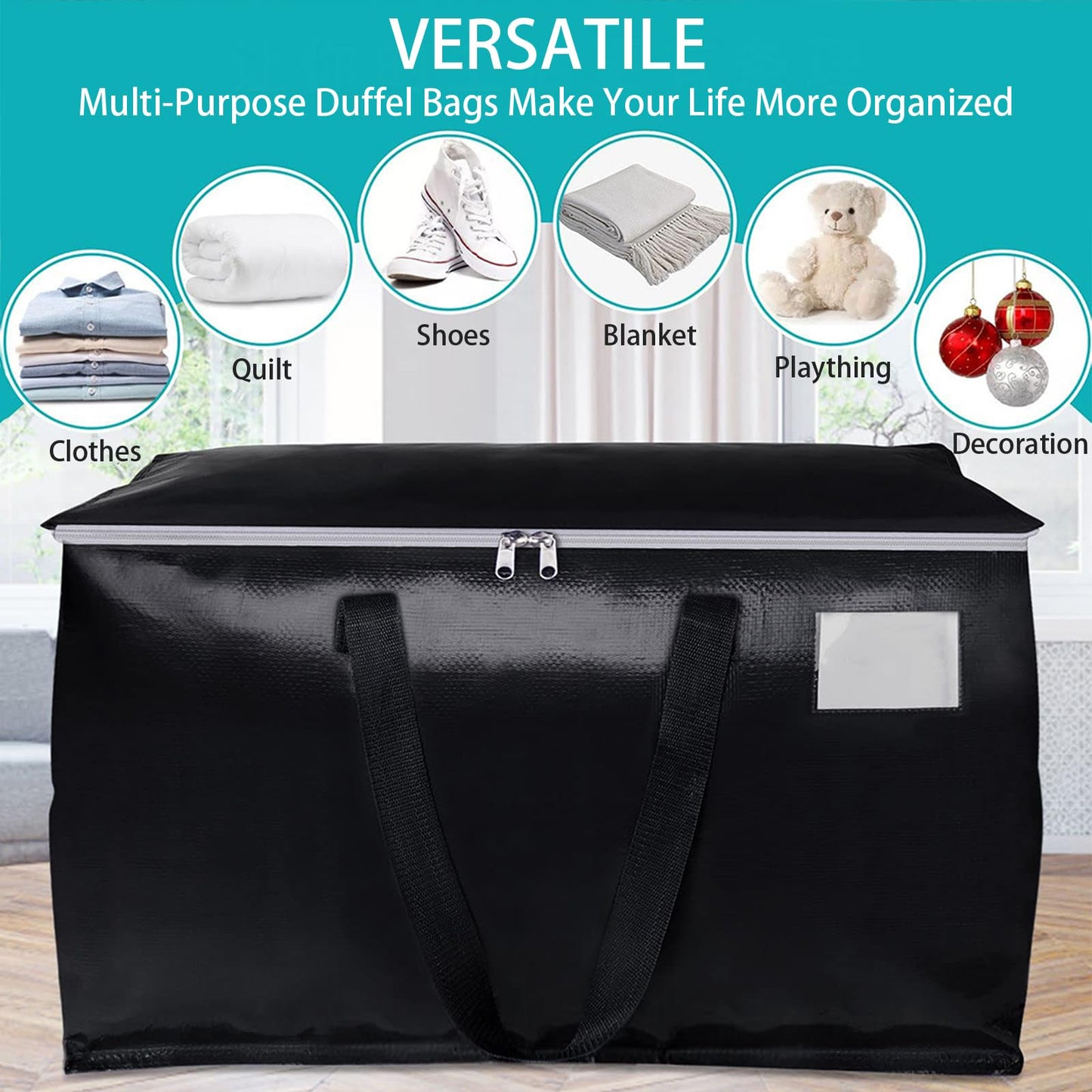 6 Pack Extra Large Moving Bags, Heavy Duty Storage Tote Bags, Travel Duffel Storage Bags, Foldable Moving House Storage Bags with Zippers and Handles for Comforters, Clothes, Bedding (6 Pack Black)