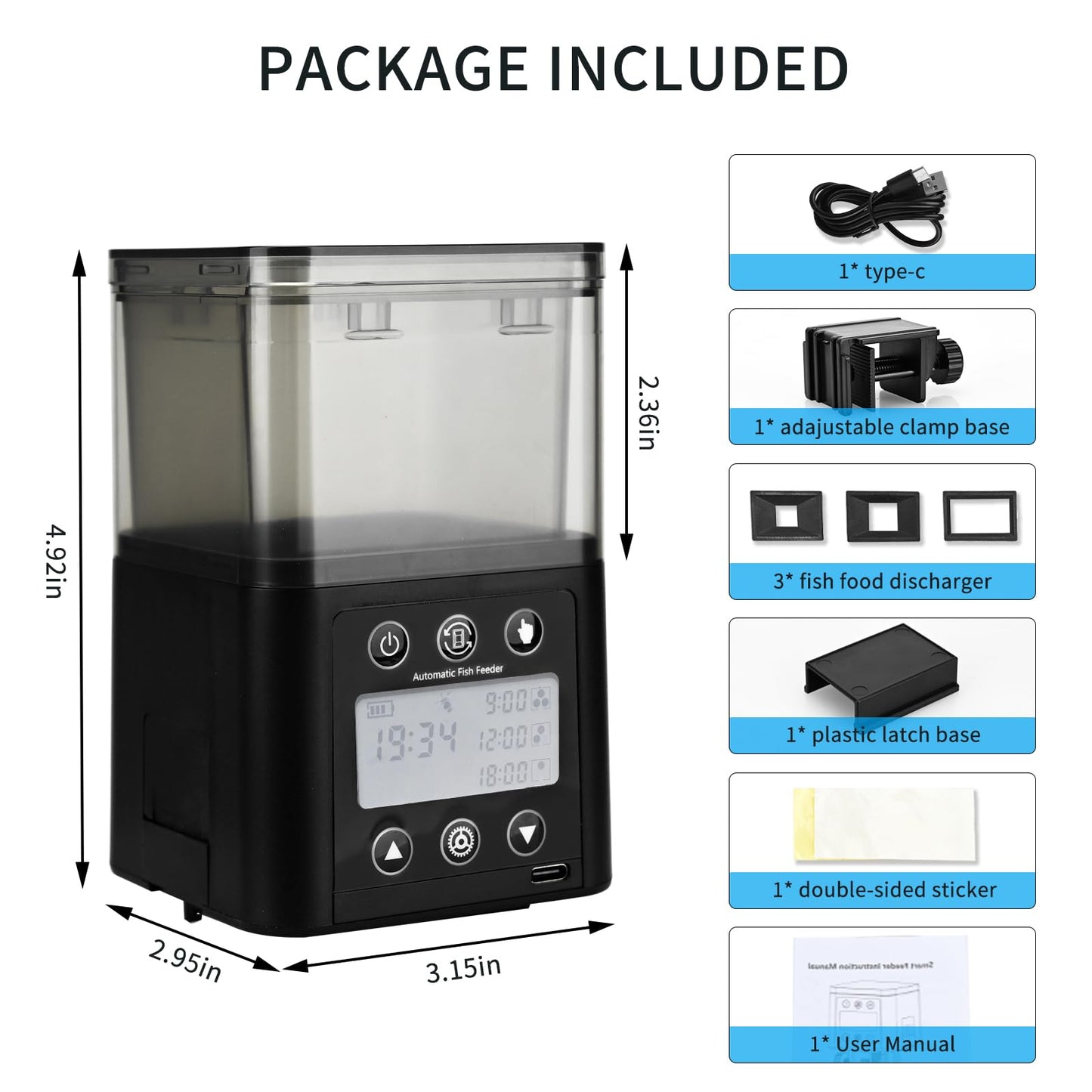 Automatic Fish Feeder for Aquarium with Timer, LCD Display 320ML Large Capacity Adjustable Fish Dispenser, Operated Feeders for Goldfish, Turtle for Vacation, Weekend or Daily Use(Black)