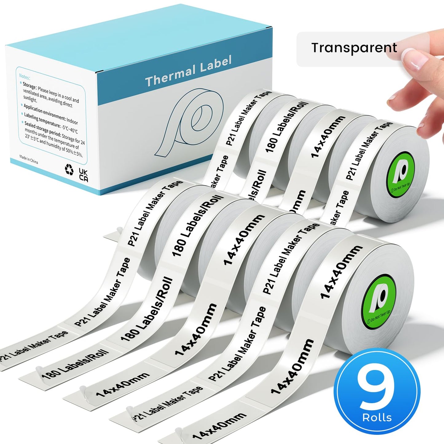 9-Rolls Compatible with Nelko P21 Label Maker Tape, 14x40mm (0.55"x1.57"), 180 Labels/Roll, Transparent,Standard Laminated Office Labeling Tape, Replace for NADAIIN N12, ORGBRO X1, ORGSTA S001
