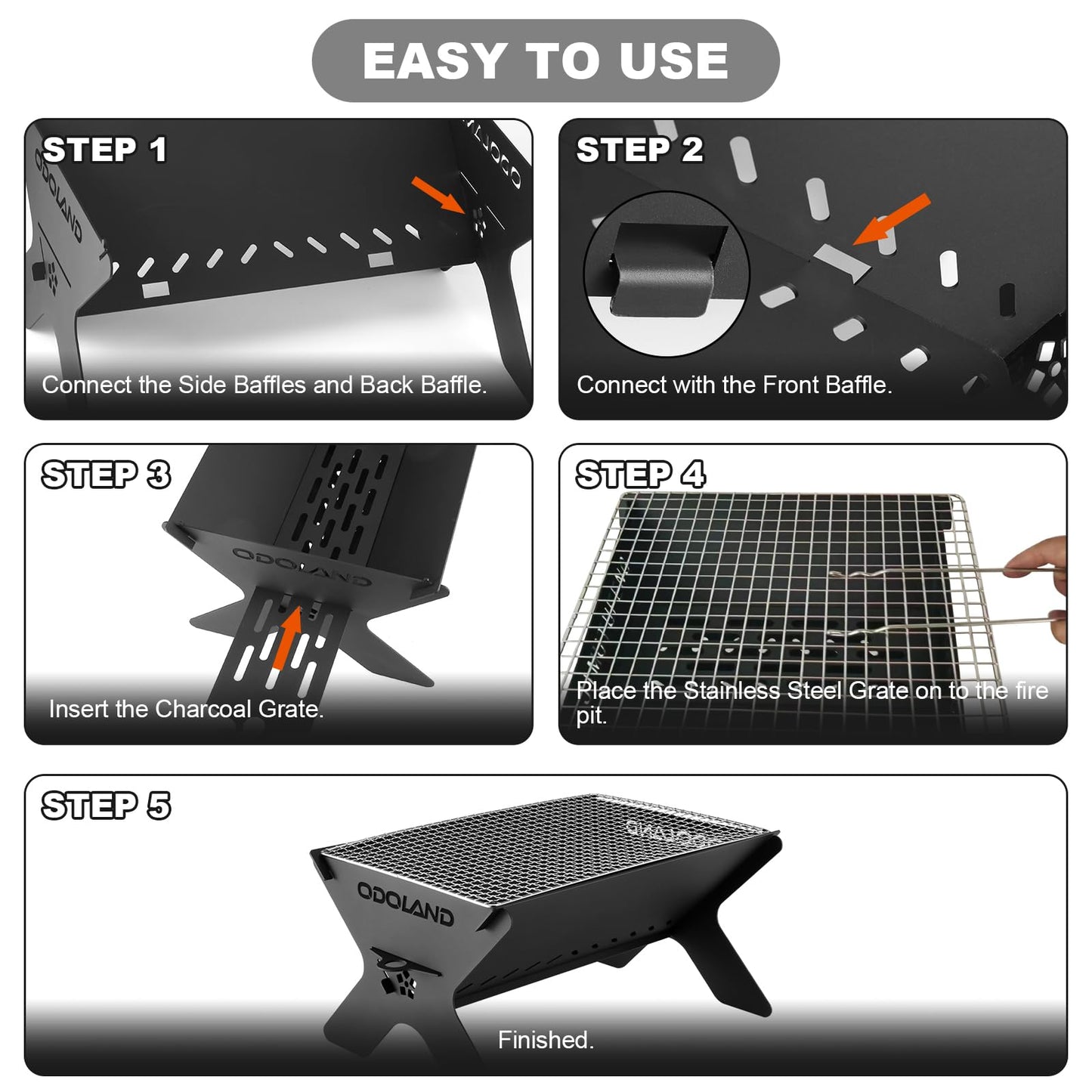 Odoland Portable Fire Pit for Outdoor Garden, 2 in 1 Wood Burning Fire Pit Grill with Detachable Cooking Grate for Outside, with Carry Bag