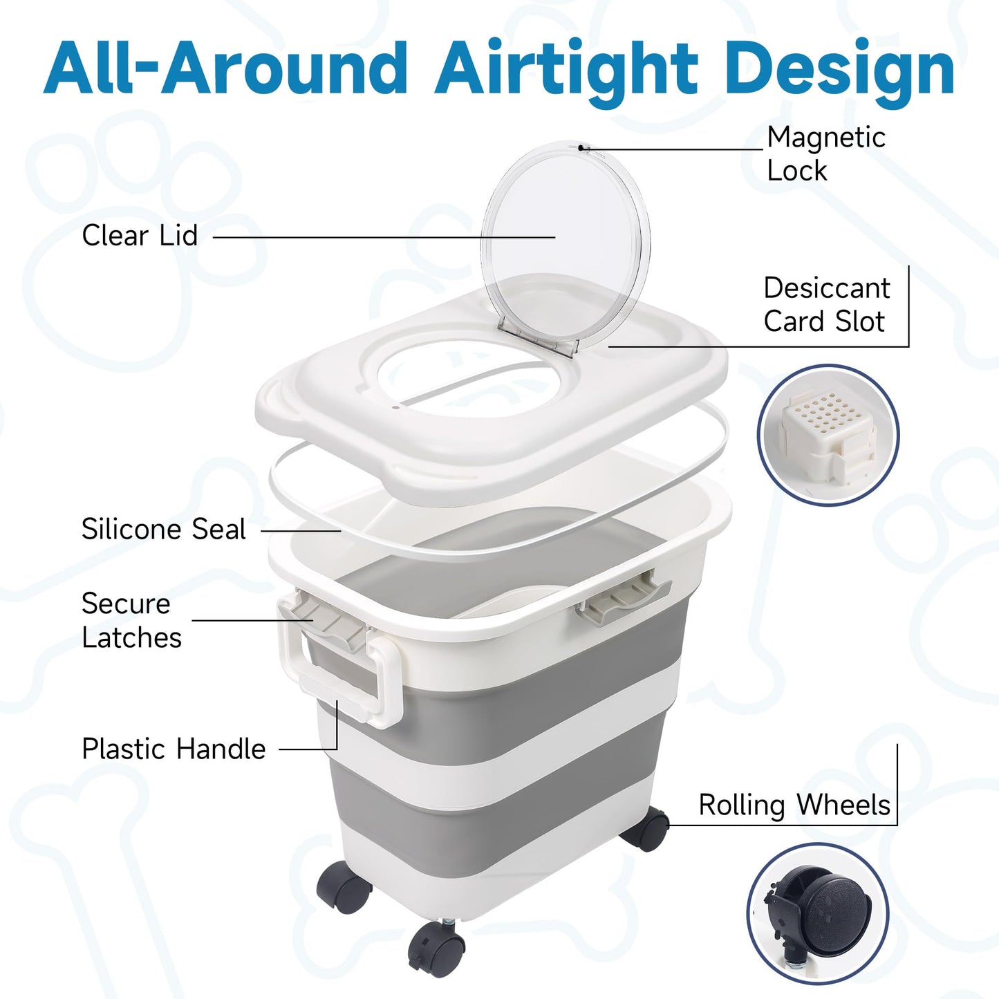 Adorabby Dog Food Storage Container, 25-30Lbs Travel Collapsible Pet Food Container with Airtight Lids, Wheels, Scoop, Handle for Dog/Cat/Bird/Rice Food,Keep Dry Food Fresh,Easy to Move, White