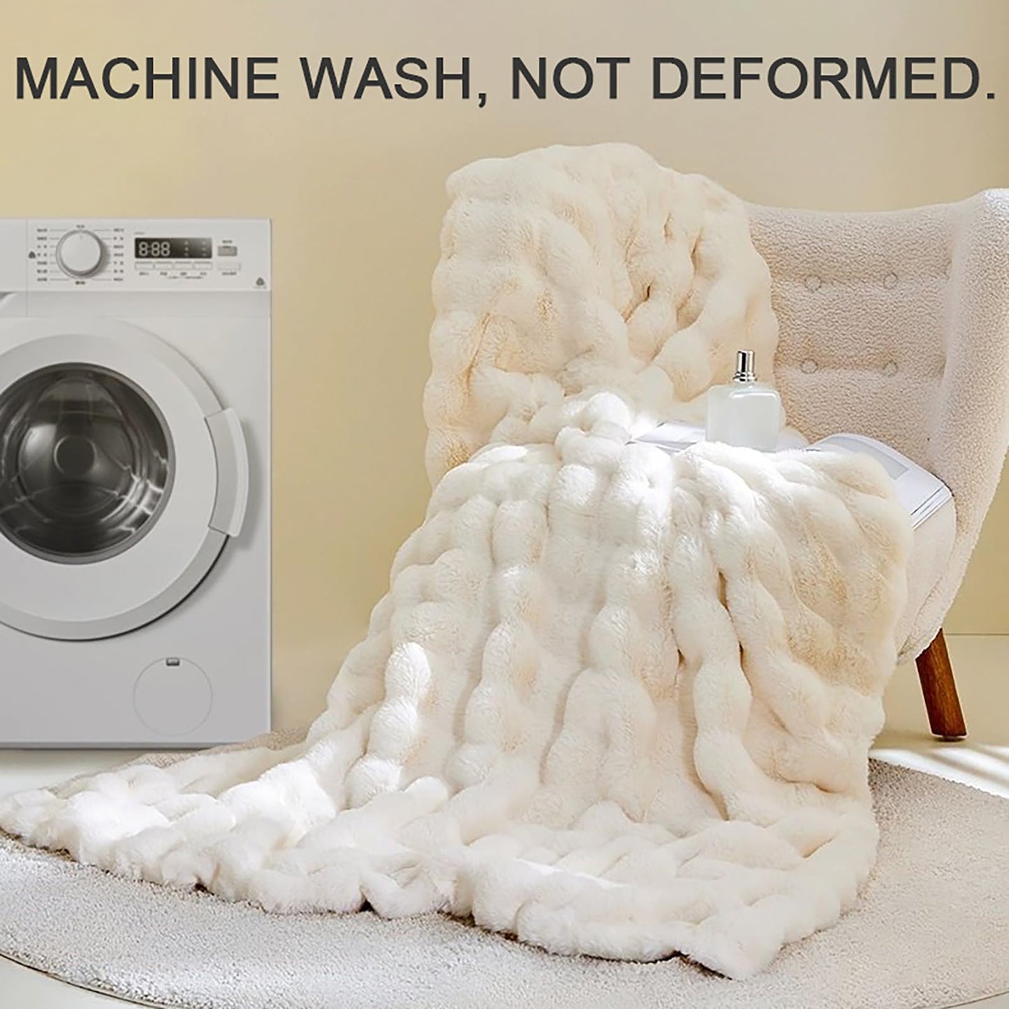 Faux Rabbit Fur Throw Blanket, Luxury Soft Warm Bubble Blanket for Bed, Couch, Sofa, Beige, 80" X 90"