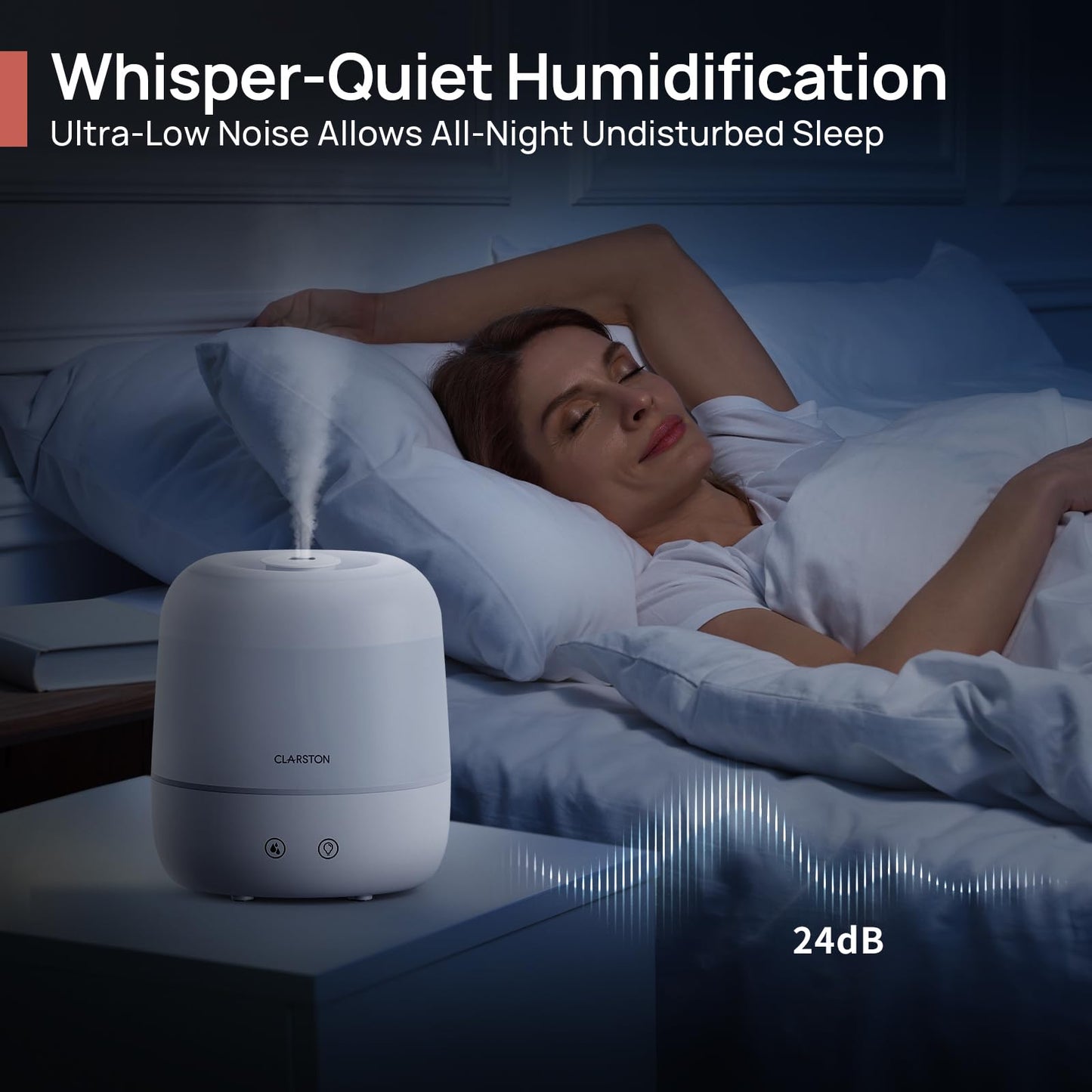 Clarston Humidifiers for Bedroom, 2L Top Fill with 360° Nozzle for Large Room, 7-Color Night Light, 24dB Quiet Cool Mist Air Humidifier for Baby Nursery & Plants, No BPA, Auto Shut Off, Easy to Clean