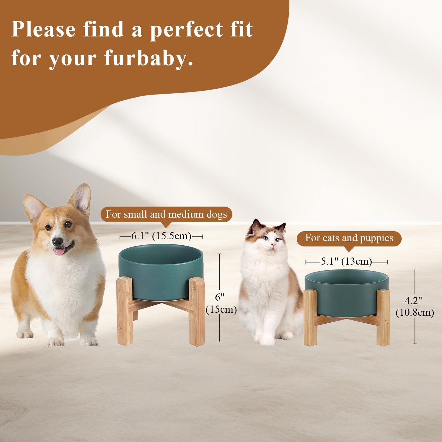 Ceramic Elevated Raised Cat Bowls - Cat Food Dish with Stand - Double Raised Cat Food and Water Bowls Anti Vomiting - Pet Bowl with Anti Slip Rubber pad - Stress Free for Cats and Small Dogs -set of 2