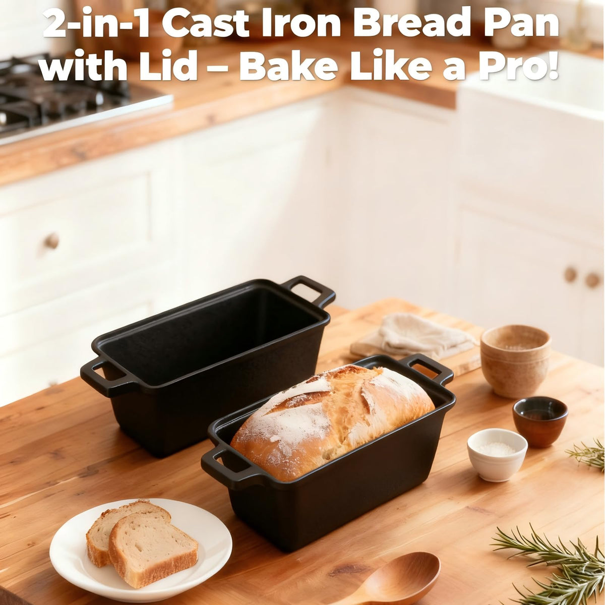 Erdisc 9x5 Inch Cast Iron Loaf Pan with Lid, Pre-Seasoned for Sourdough and Homemade Baking, Heavy Duty Nonstick, Oven Safe Bread Pot