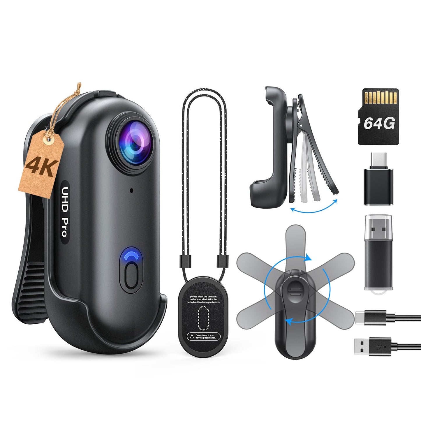 BOBLOV W4 4K Mini Body Camera, Wearable 64GB Camera with 360°Rotatable Clip & Magnetic Clip, 120 Minutes for recording, Easy to Use and Take for Lecture, Traveling, Pet Walking and Outdoors Activities