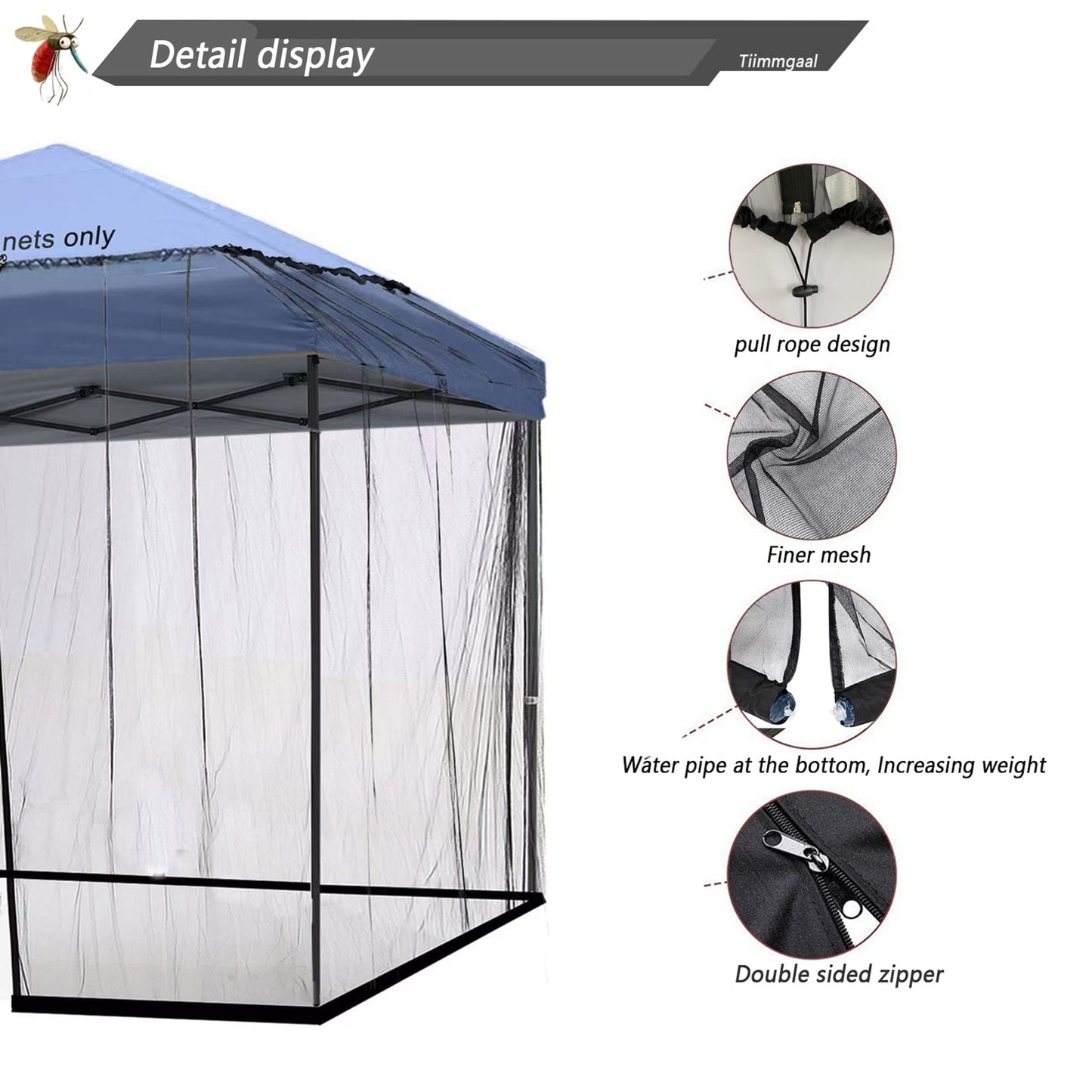 Tiimmgaal 10x10 Mosquito Netting for Patio Camping Gazebo/Pop Up Canopy Tent,Double Door Side Screen Easy Installation Black（Only Mosquito Net No Frame） (Around 10x10FT)