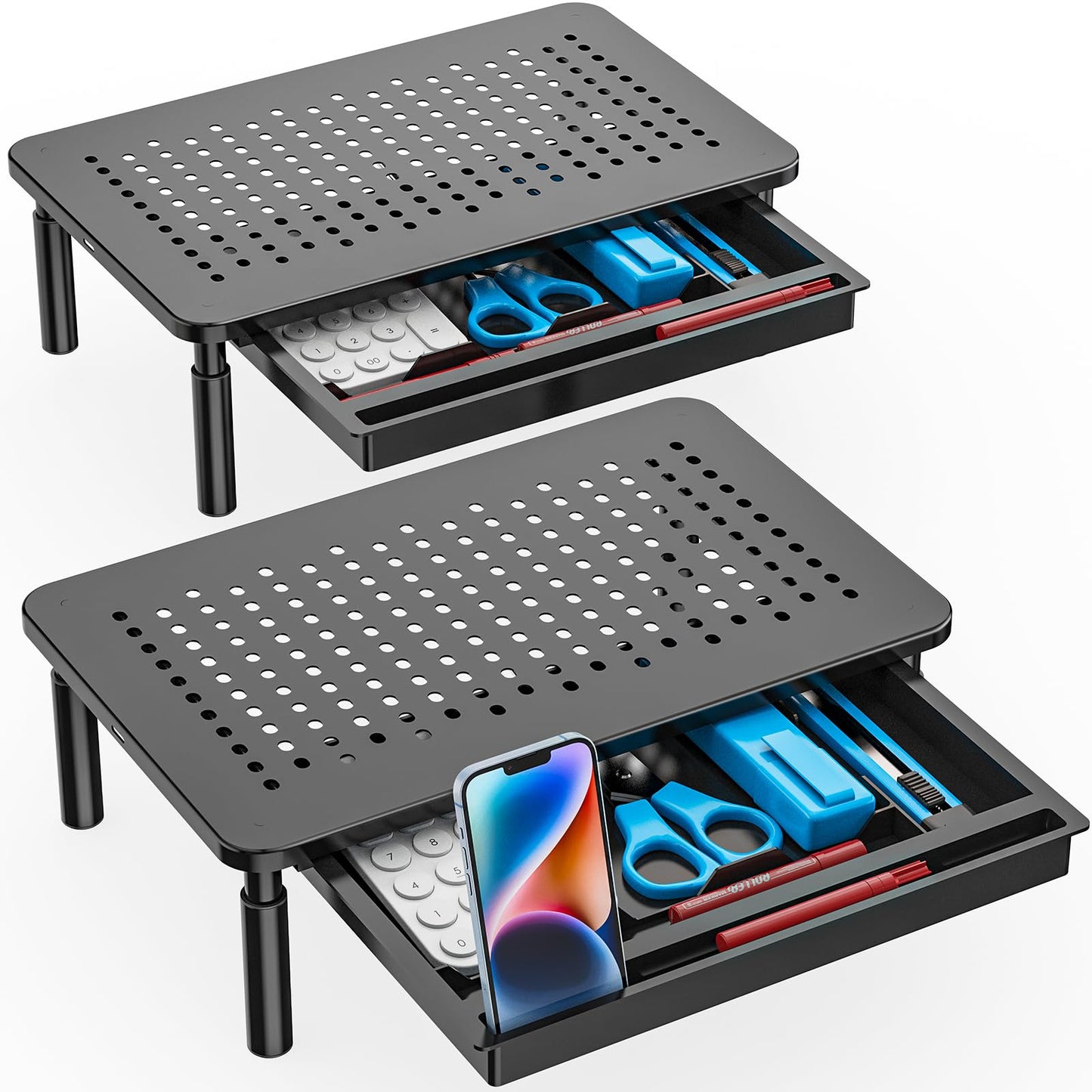 WALI Monitor Stand Riser, Adjustable Laptop Stand Riser, 3 Height Adjustable Computer Stand with Drawer, Underneath Storage for Office, Home, School Supplies (STT003D-2B), 2 Pack, Black