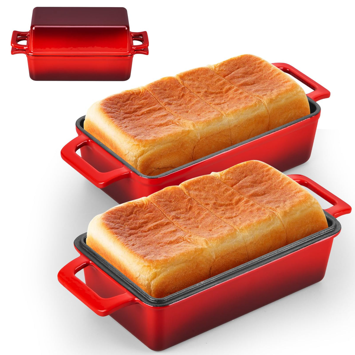 Leonyo 9x5 inch Enameled Cast Iron Loaf Pan, 2 Piece Homemade Sourdough Bread Loaf Pan with Lid, 2-in-1 Dutch Oven for Bread Baking, Pound Cake, Even Heat Distribution & Up to 500℉, Red