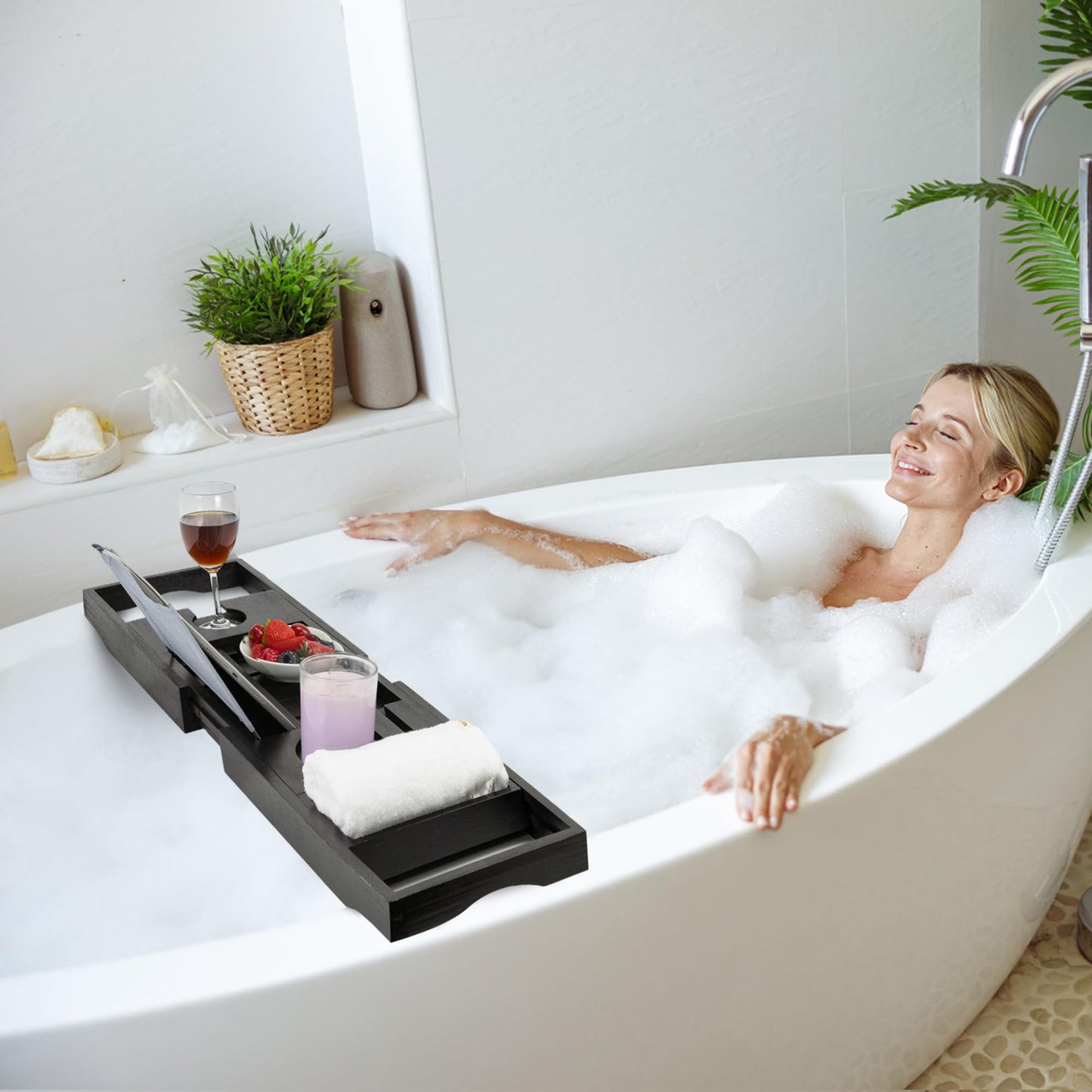 Utoplike Bath Tub Tray Caddy Black, Bath Table Shelf, Bamboo Bathtub Caddy Tray for Bathtub, Expandable Bath Rack for Bathroom