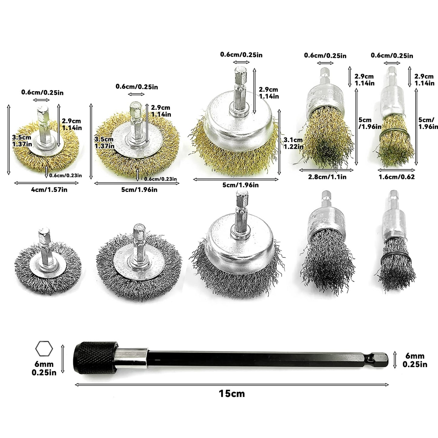 Daily Treature 10 Pack Wire Wheel Cup Brush Set for Drill Abrasive with 1/4" Hex Shank,Extension Rod for Safty,Brass Coated Crimped Drill Sanding Attachment，Metal Brush for Drill Rust Removal