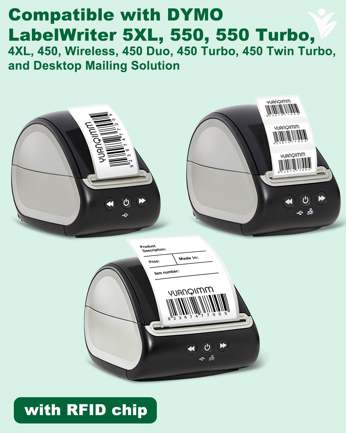 Yuanqimm 30334 Multi-Purpose Labels with RFID Chip Compatible with DYMO Labelwriter Printers 5XL, 550, 550 Turbo, 450 Twin Turbo, 4XL, 450, Wireless, 2-1/4" x 1-1/4", 2 Rolls, Total 2000 Labels