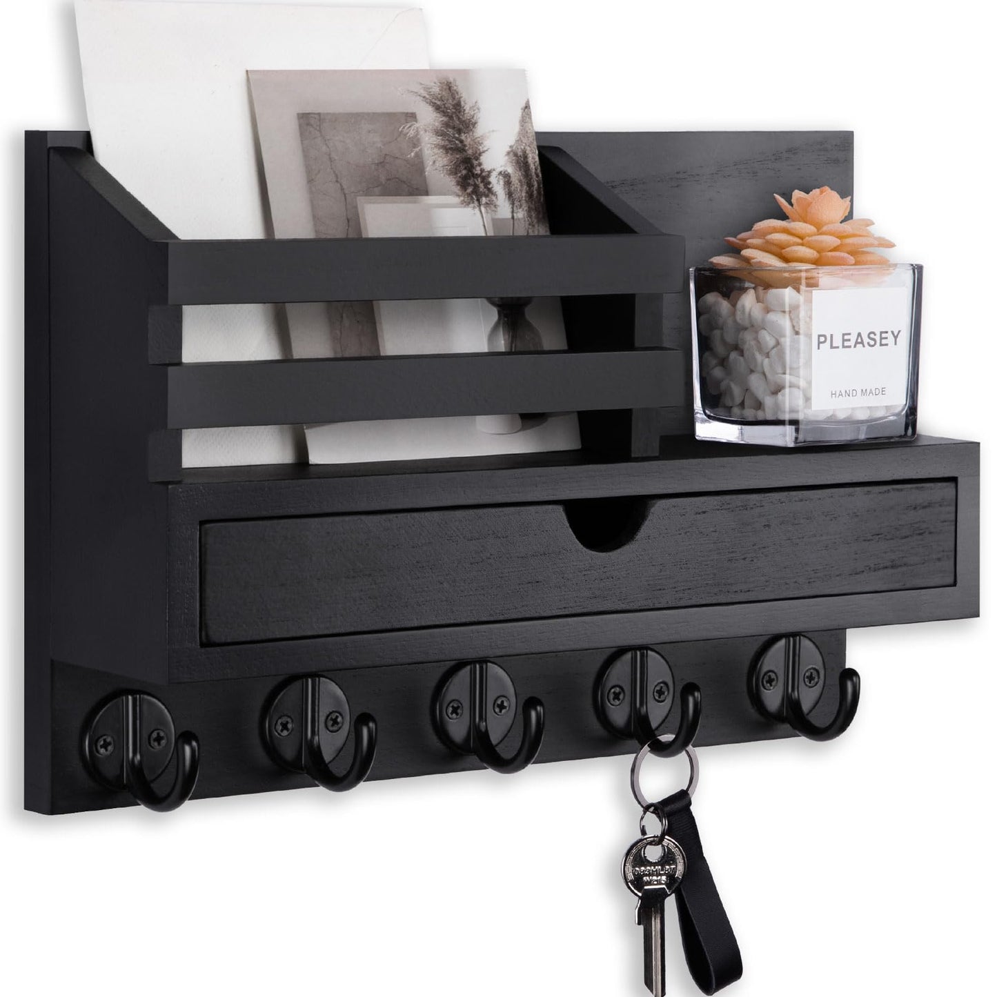 Key Holder Wall Mount, Mail Holder with Storage Drawer and 5 Key Hooks for Coat, Dog Leash, Home Decor Rack, House Accessories, Entry Way Organizer (Black)