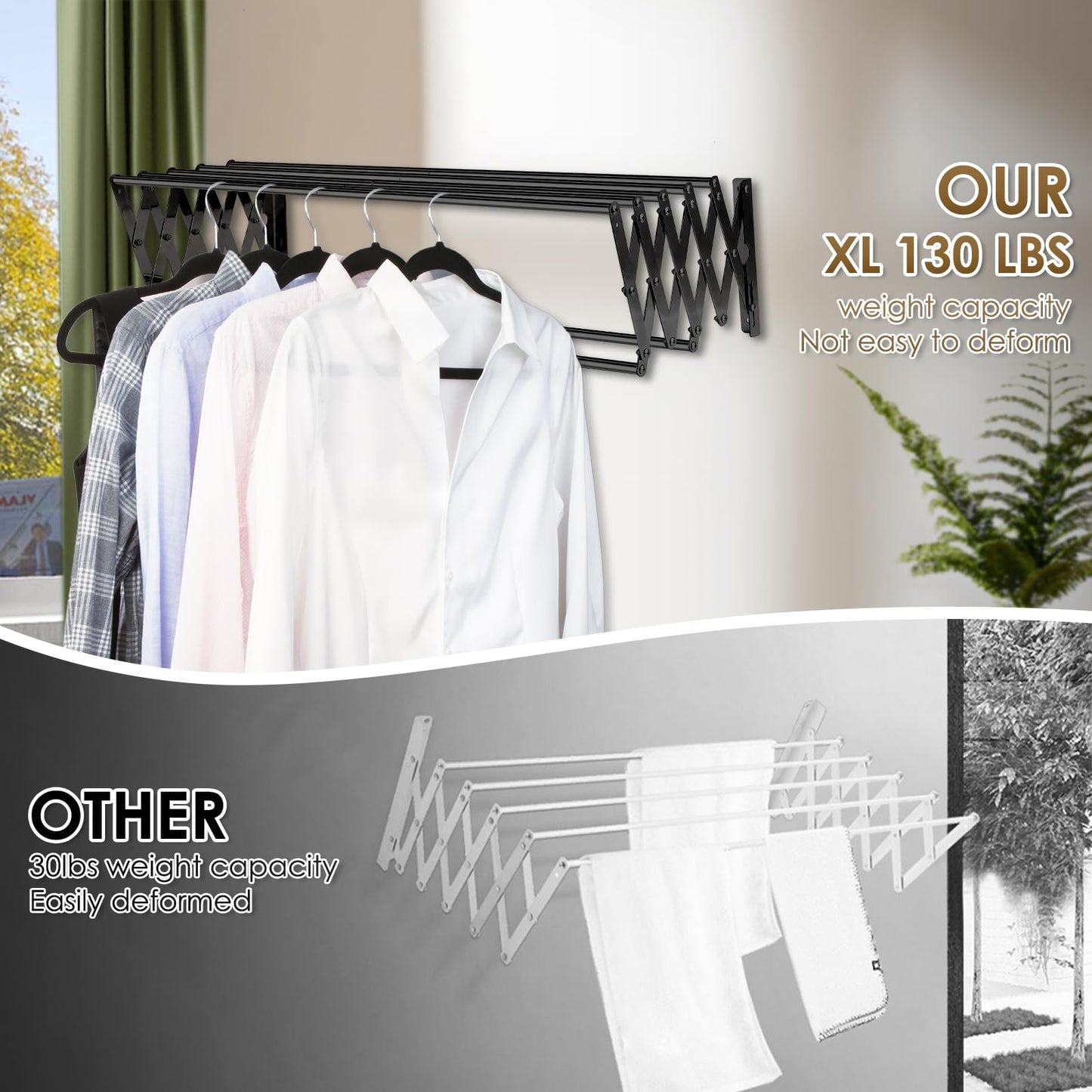 XL-31.5'' Wall Mounted Clothes Drying Rack, 130 lbs Large Capacity Rustproof Retractable Collapsible Drying Rack Easy Install with 7 Drying Rods, Space Saving Towel Drying Rack for Laundry-Black