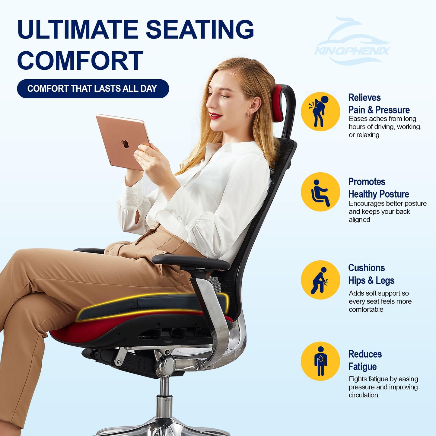 kingphenix Car Seat Cushion – Memory Foam Pad for Driving Comfort – Boosts Height and Relieves Coccyx & Lower Back Pain – Car, Truck, Office Chiar - Black