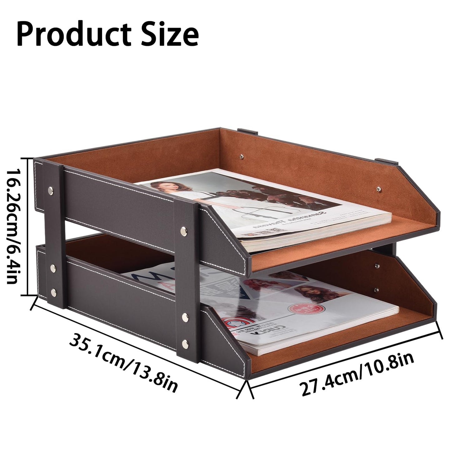 Leather Desk File Supply Organizer,Stackable Office File Document Tray for Files, Folder, Stationery, Magazine, Newspaper, Mail, Home Sundries Desktop Organization Holder,Coffee