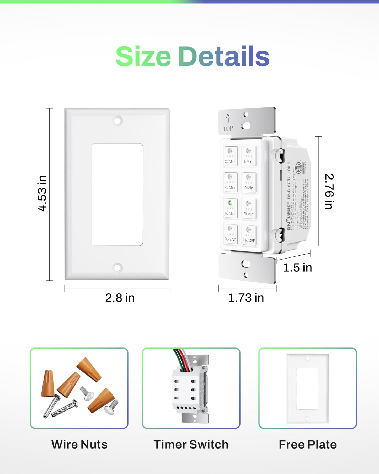BN-LINK Countdown Digital Wall Timer Switch for Exhaust Fan with Push Button 5-10-20-30-45-60mins, Bathroom Fan Light Switch Timer Indoor, Neutral Required, Wall Plate Included, White