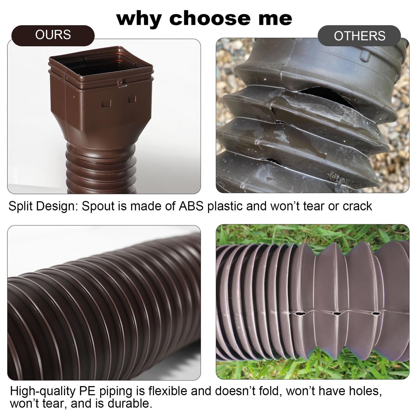 plusgutter 2 Pack Rain Gutter Downspout Extensions, Flexible Downspout Extender with 58"+68" Extendable Pipes for Rain Water Drainage, Durable Down Spout Drain Extension with Connector (Brown)