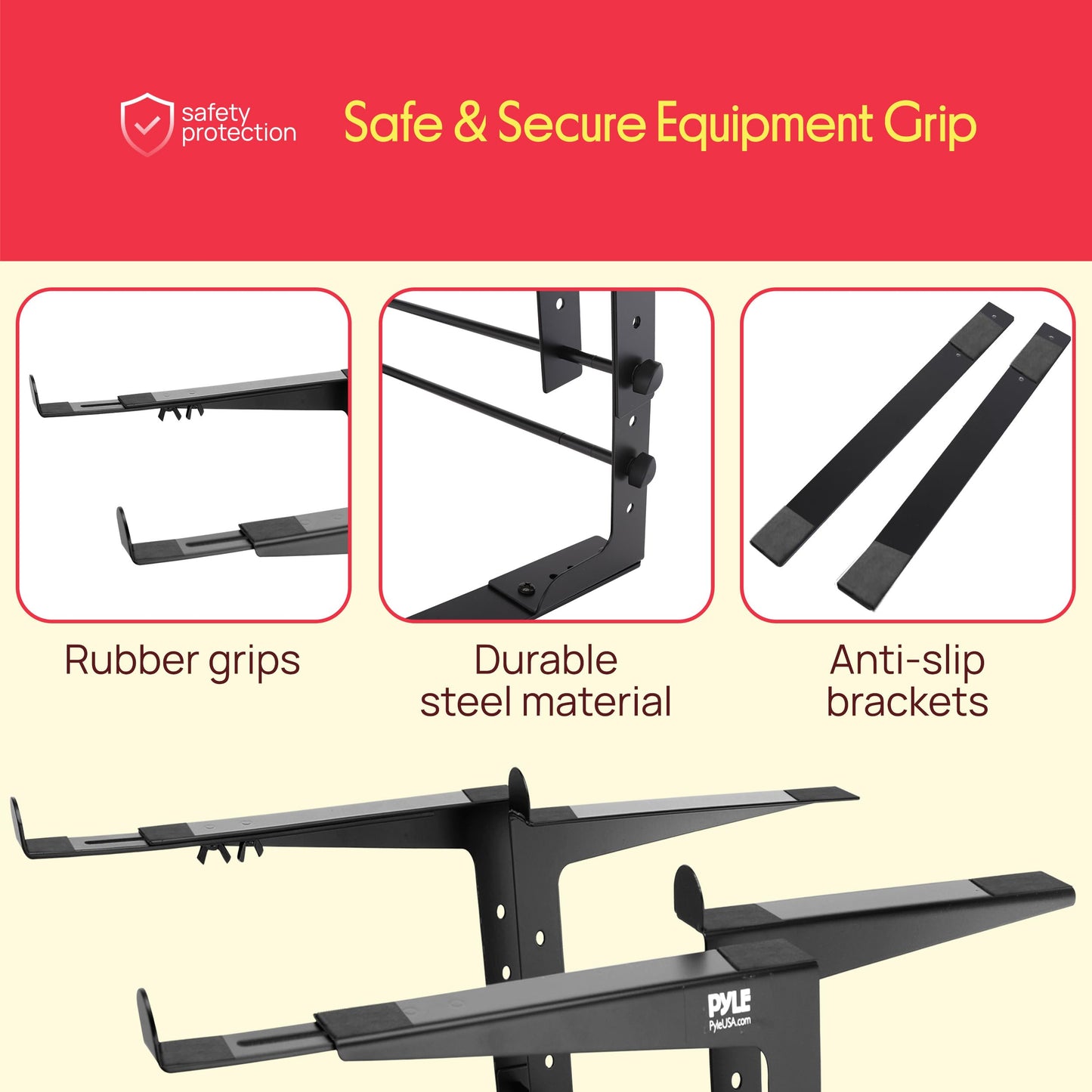 PYLE Dual Laptop Stand - Portable & Adjustable Computer Stand, Standing Table with Adjustable Height, Ergonomic Design & Anti-Slip Prongs for DJ Mixer, Sound Equipment, Workstation, Gaming & Home Use