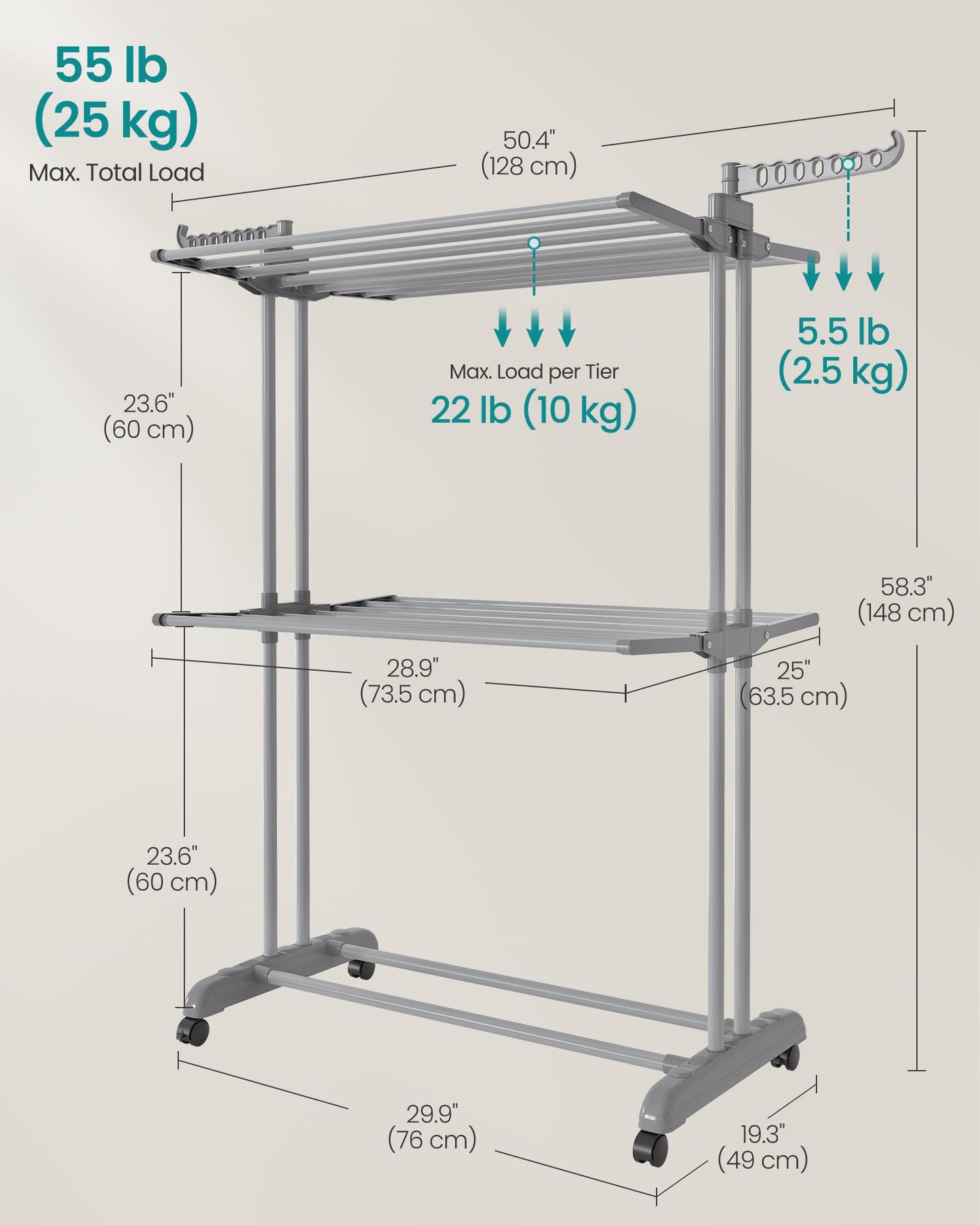 SONGMICS Clothes Drying Rack 3-Tier, Foldable Laundry Drying Rack 148 cm Tall, Steel, Rolling Clothes Horses, Laundry Hanger Dryer Airer, Indoor Outdoor Use, Dove Gray ULLR702G01